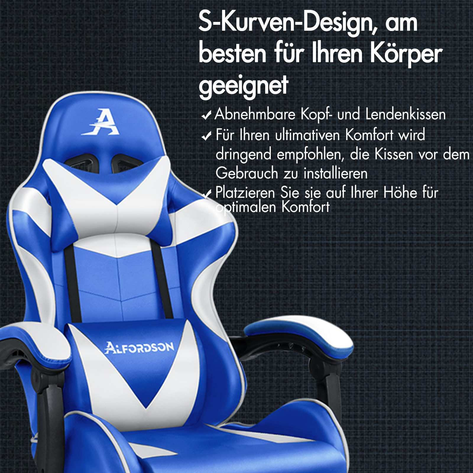 Ein blauer und weißer Gaming-Stuhl mit S-Kurven-Design und abnehmbaren Kissen.
