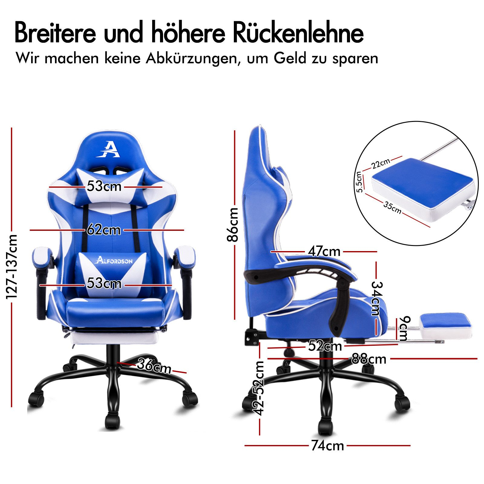 Blauer Gaming-Stuhl mit Messungen, verstellbarer Rückenlehne und ausziehbarer Fußstütze.