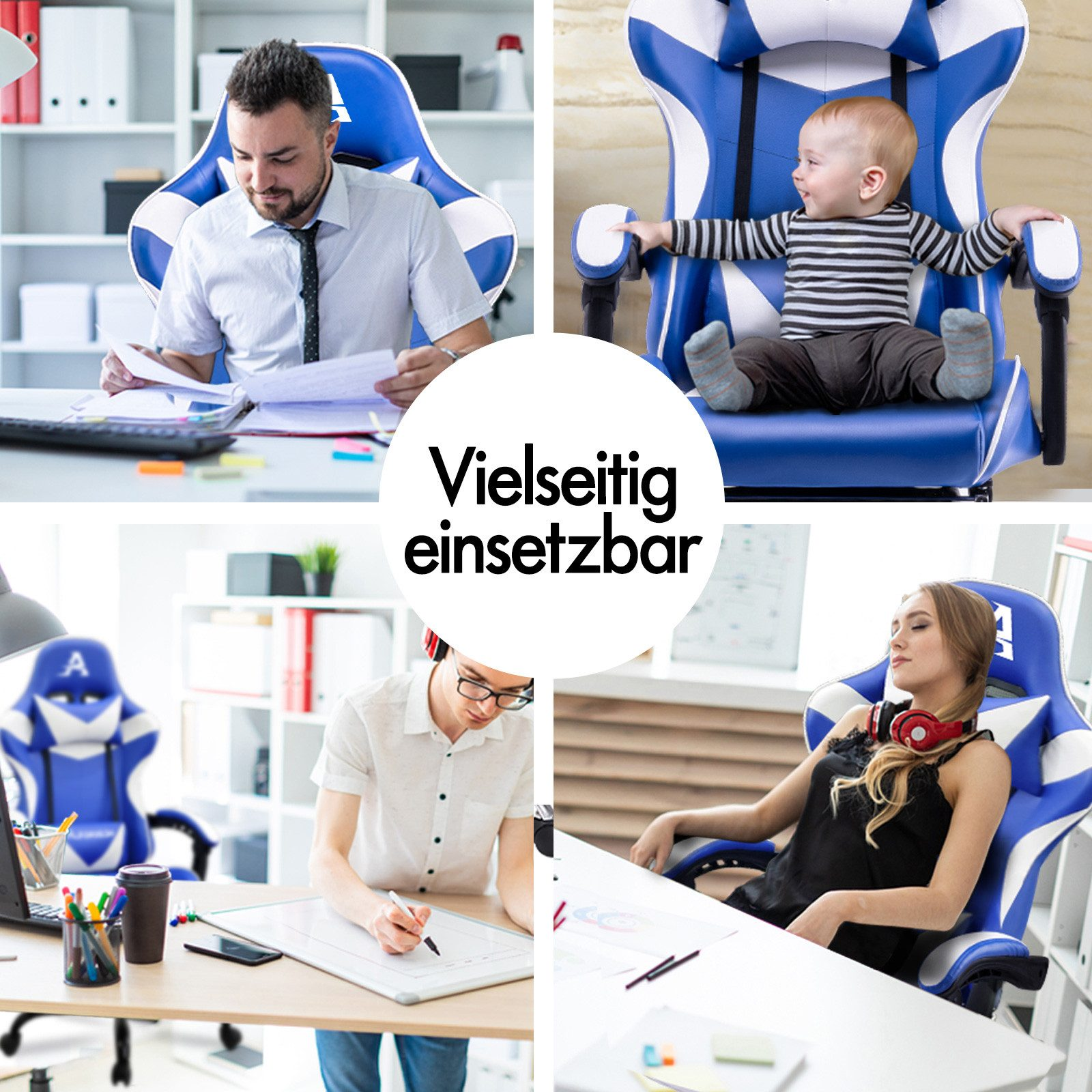Vier Szenen zeigen blaue und weiße Gaming-Stühle in Gebrauch.