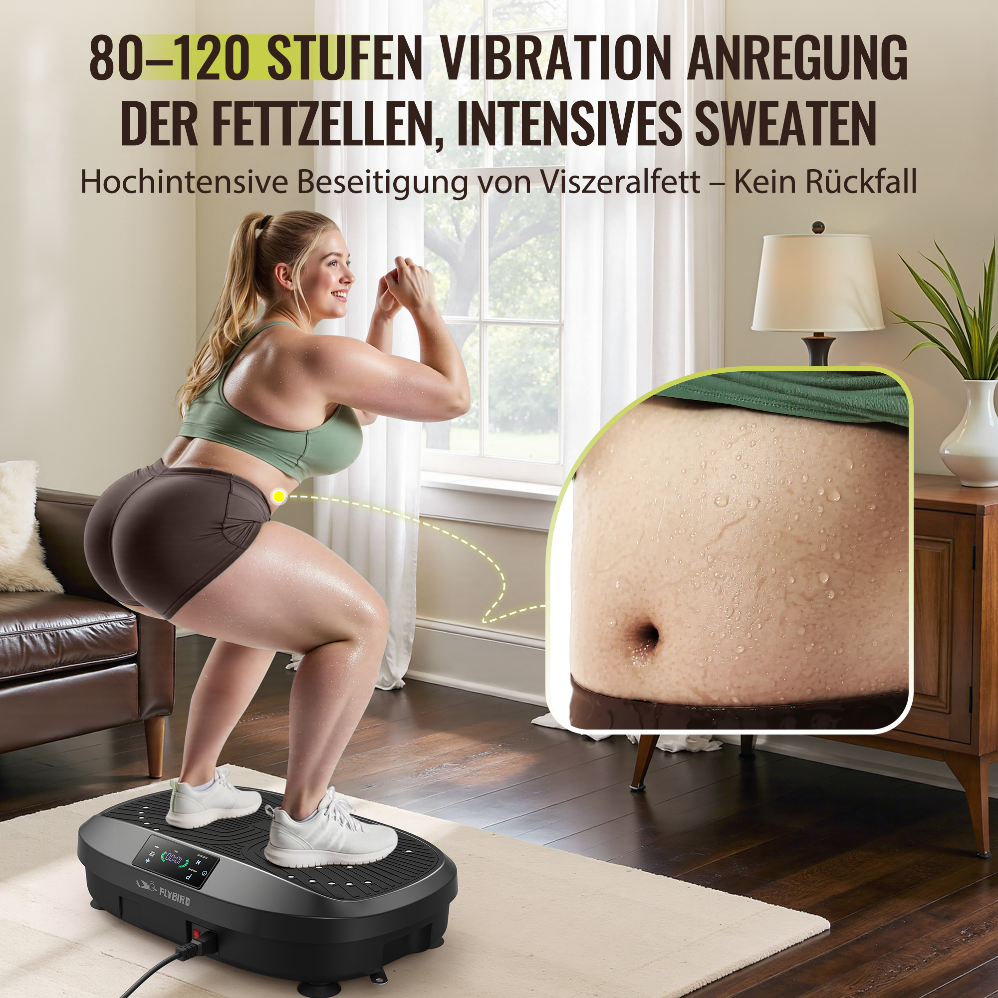 Frau auf Vibrationsplatte in Kniebeuge, schwitzend. Nahaufnahme Bauch mit Schweißperlen.