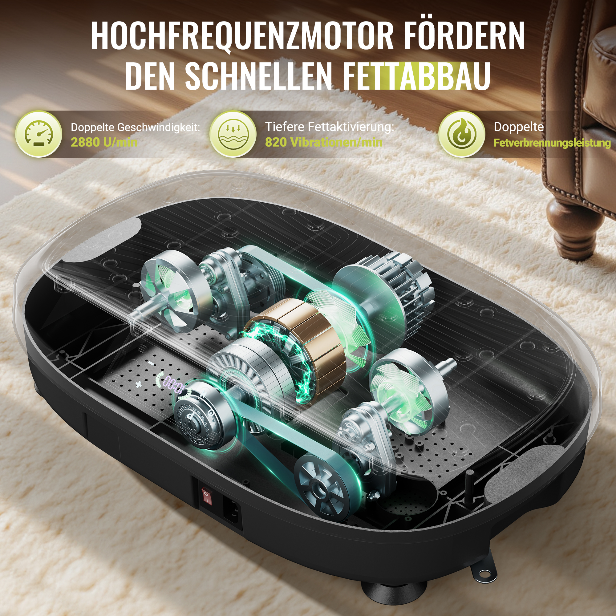 Schnittansicht eines Vibrations-Fitnessgeräts mit internem Motor und Riemensystem.