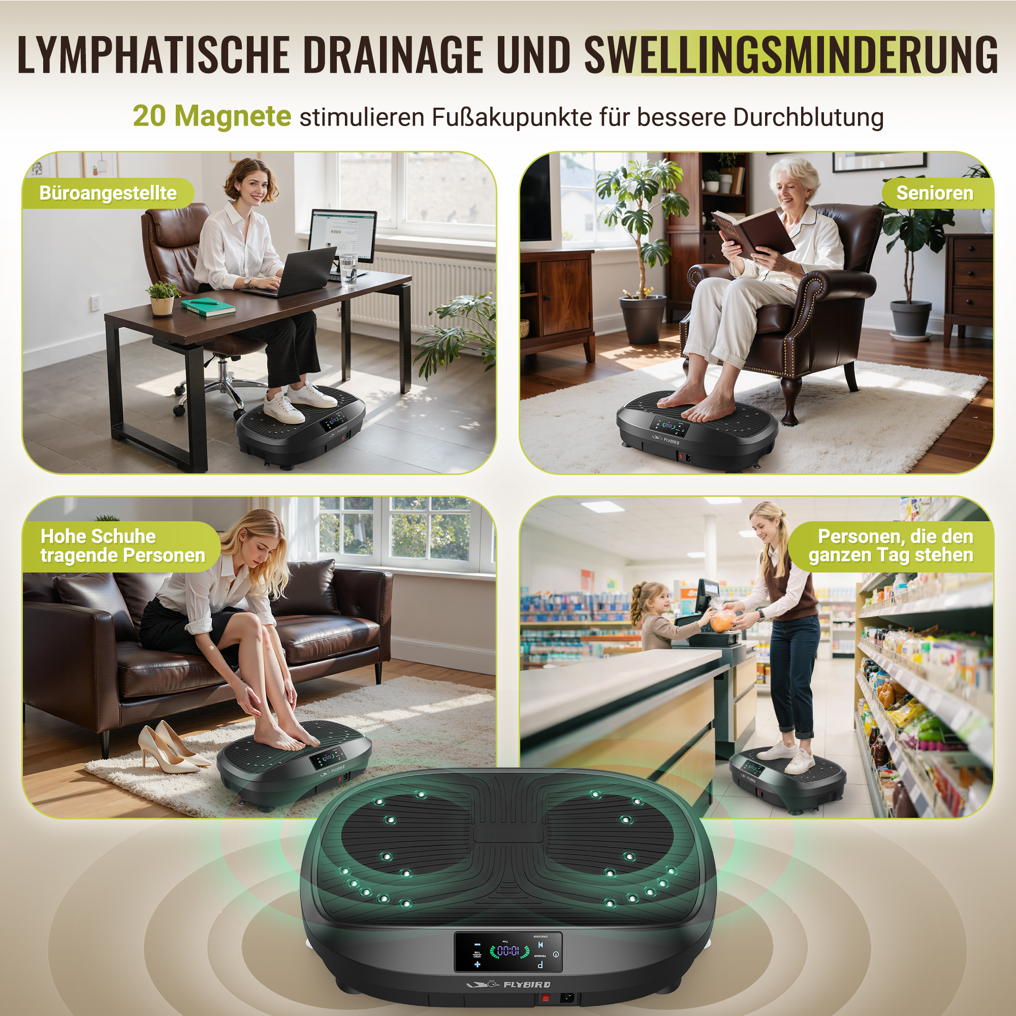 Vier Tafeln zeigen Menschen, die eine Vibrationsplatte zur Lymphdrainage und Schwellungsminderung verwenden.