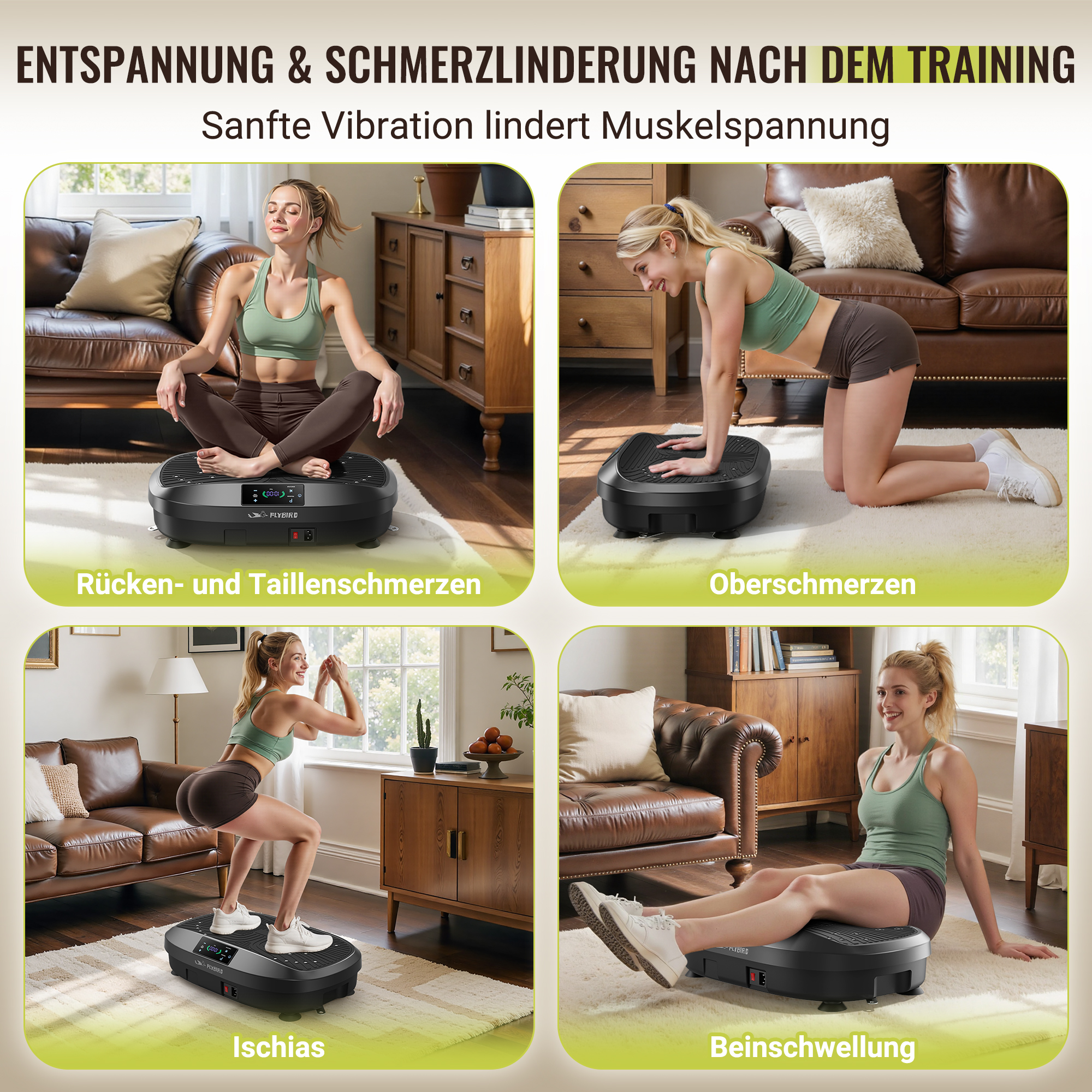 Vier Szenen zeigen Frauen auf Vibrationsplatten für Rücken-, Oberschenkel-, Ischias- und Beinübungen.