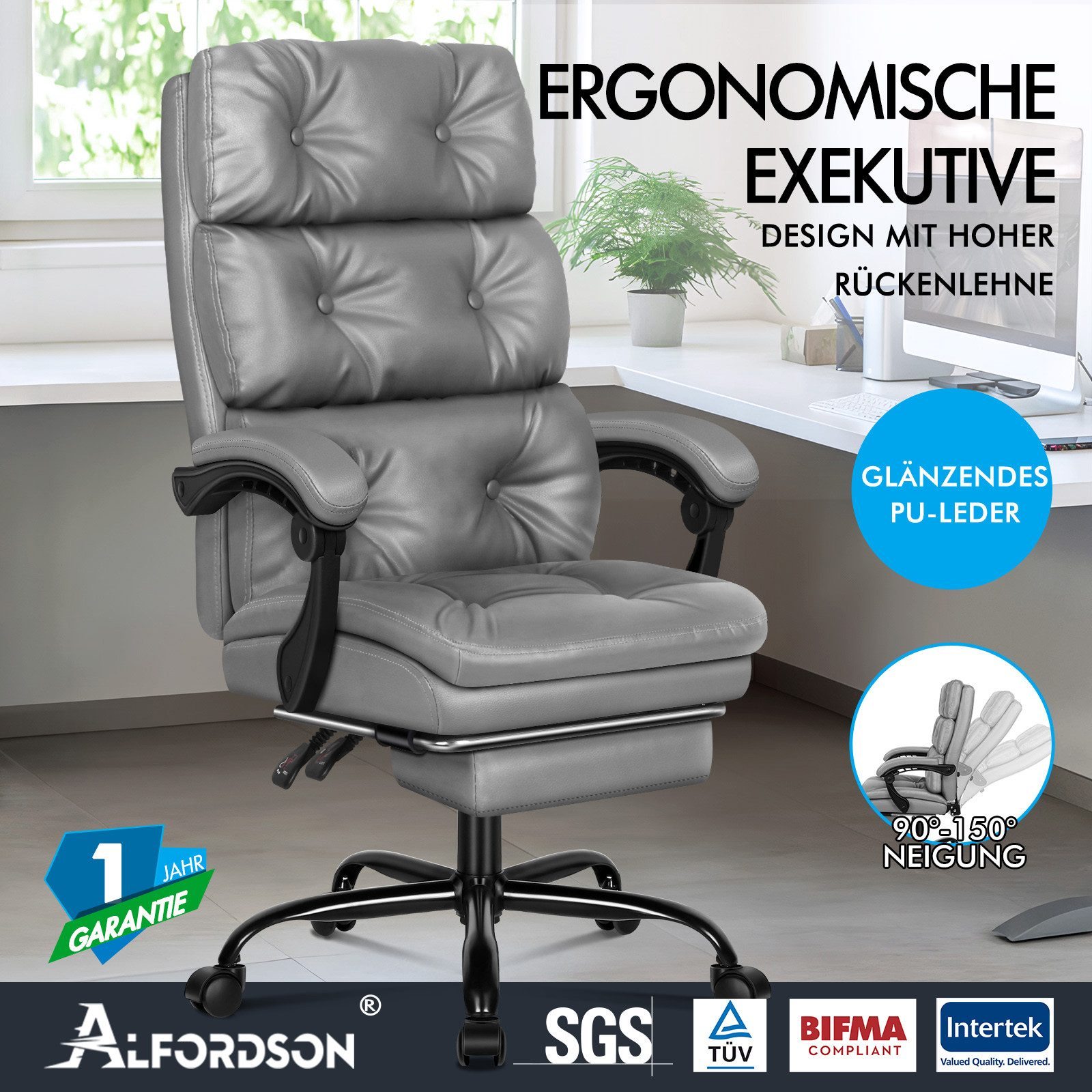 Grauer ergonomischer Bürostuhl mit hoher Rückenlehne aus PU-Leder.