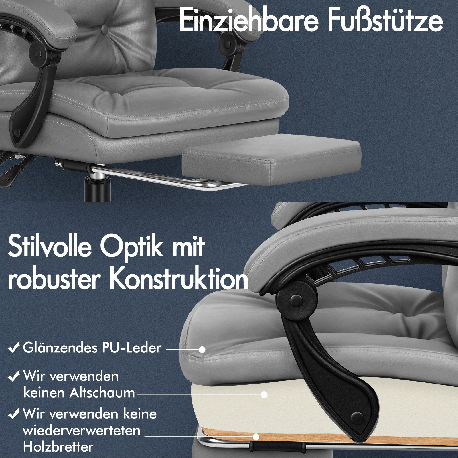 Grauer Bürostuhl mit ausziehbarer Fußstütze, glänzendem PU-Leder.