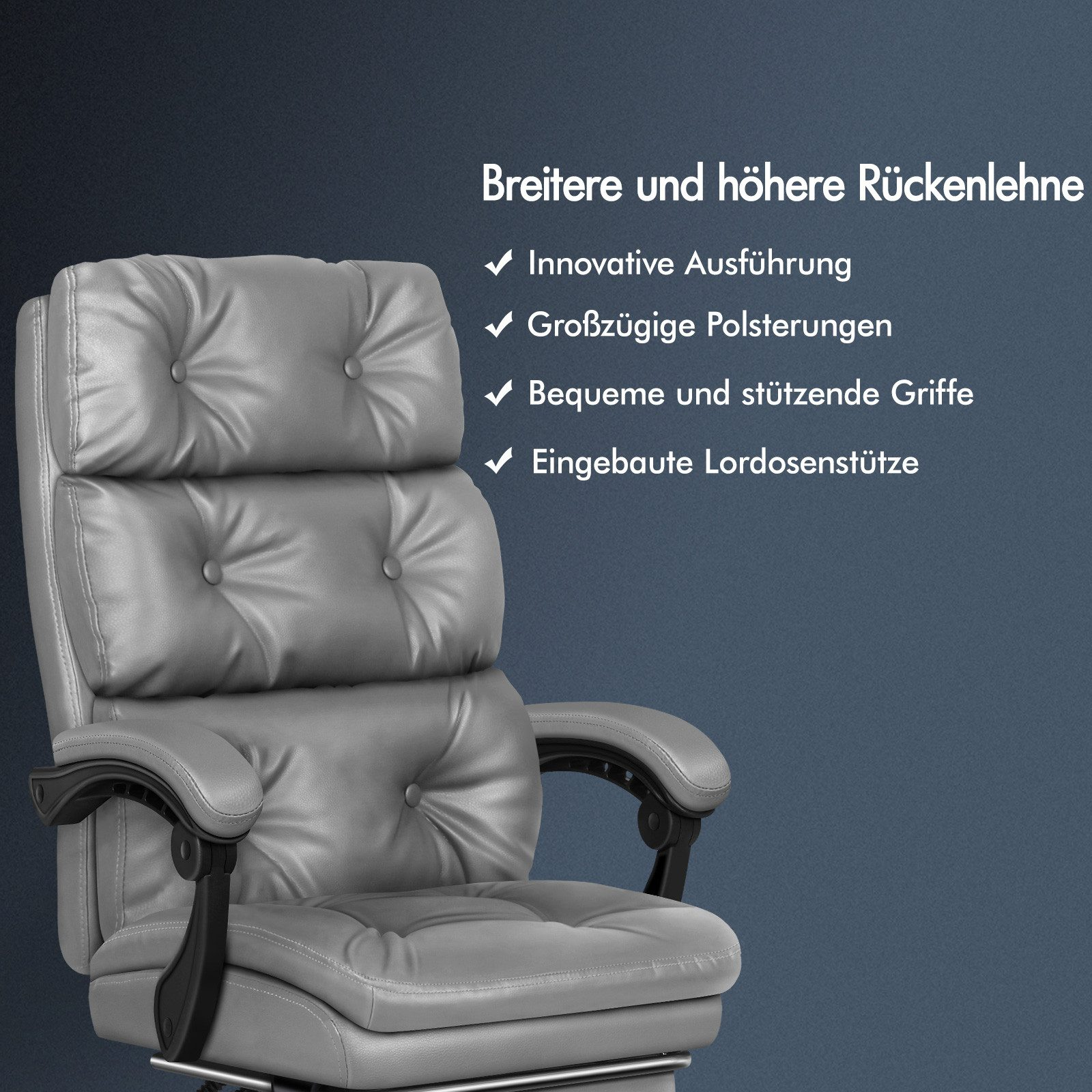 Grauer Bürostuhl mit gepolsterter Rückenlehne und Armlehnen.