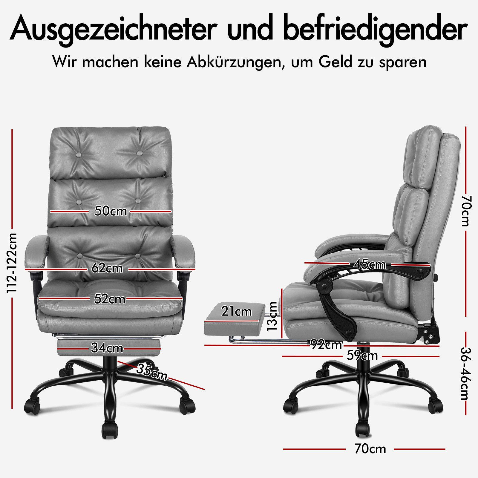 Grauer Bürostuhl mit Maßen und Fußstütze.