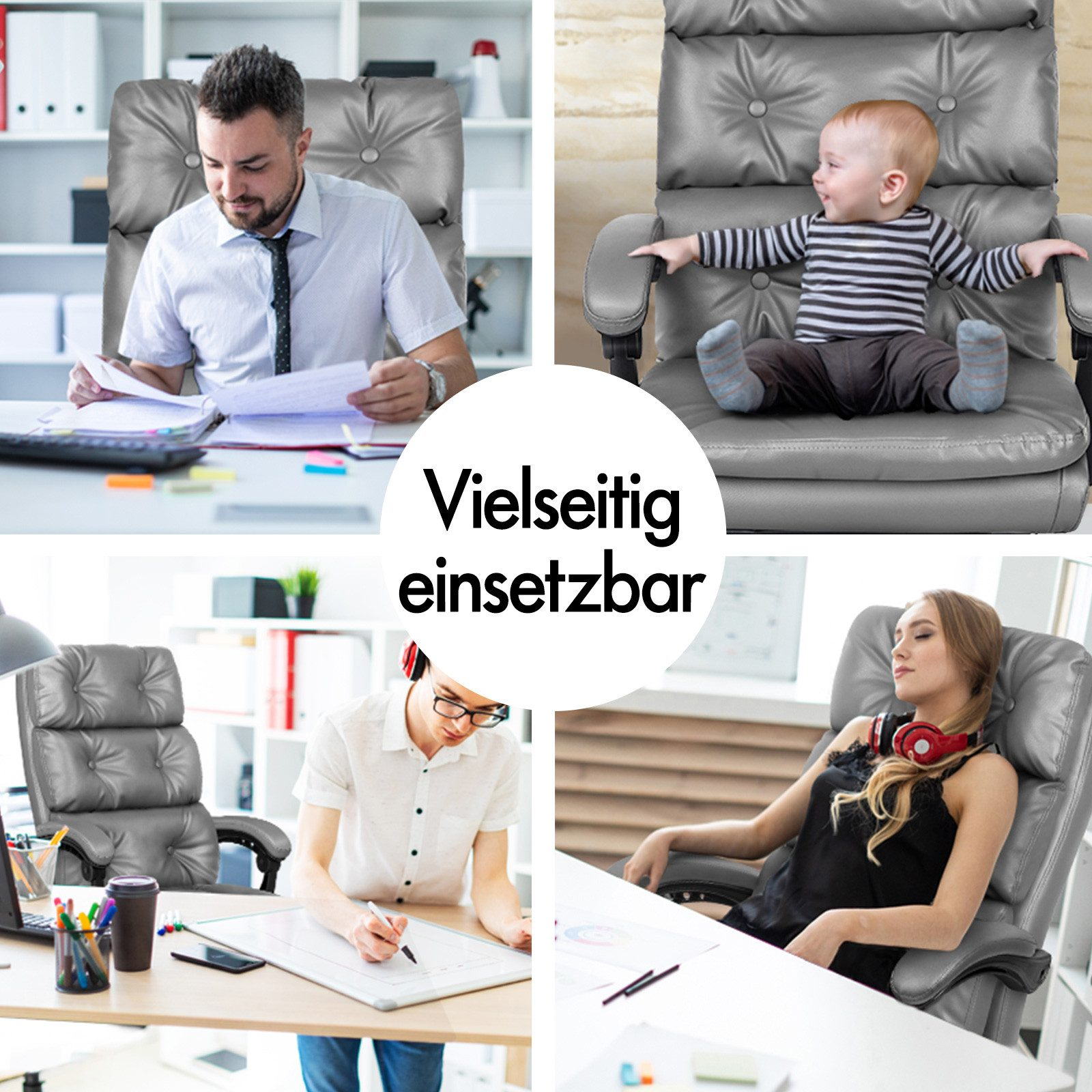 Collage zeigt Mann bei Arbeit, Baby im Stuhl, Mann schreibt, Frau entspannt.