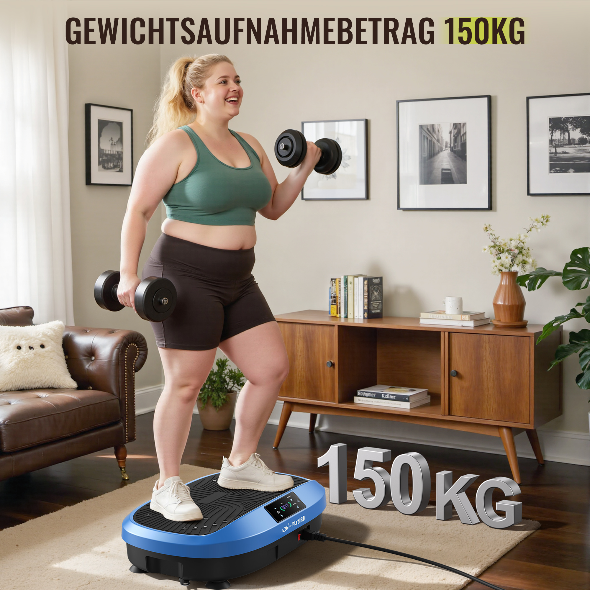 Eine Frau trainiert mit Hanteln auf einem blauen Vibrationsgerät.