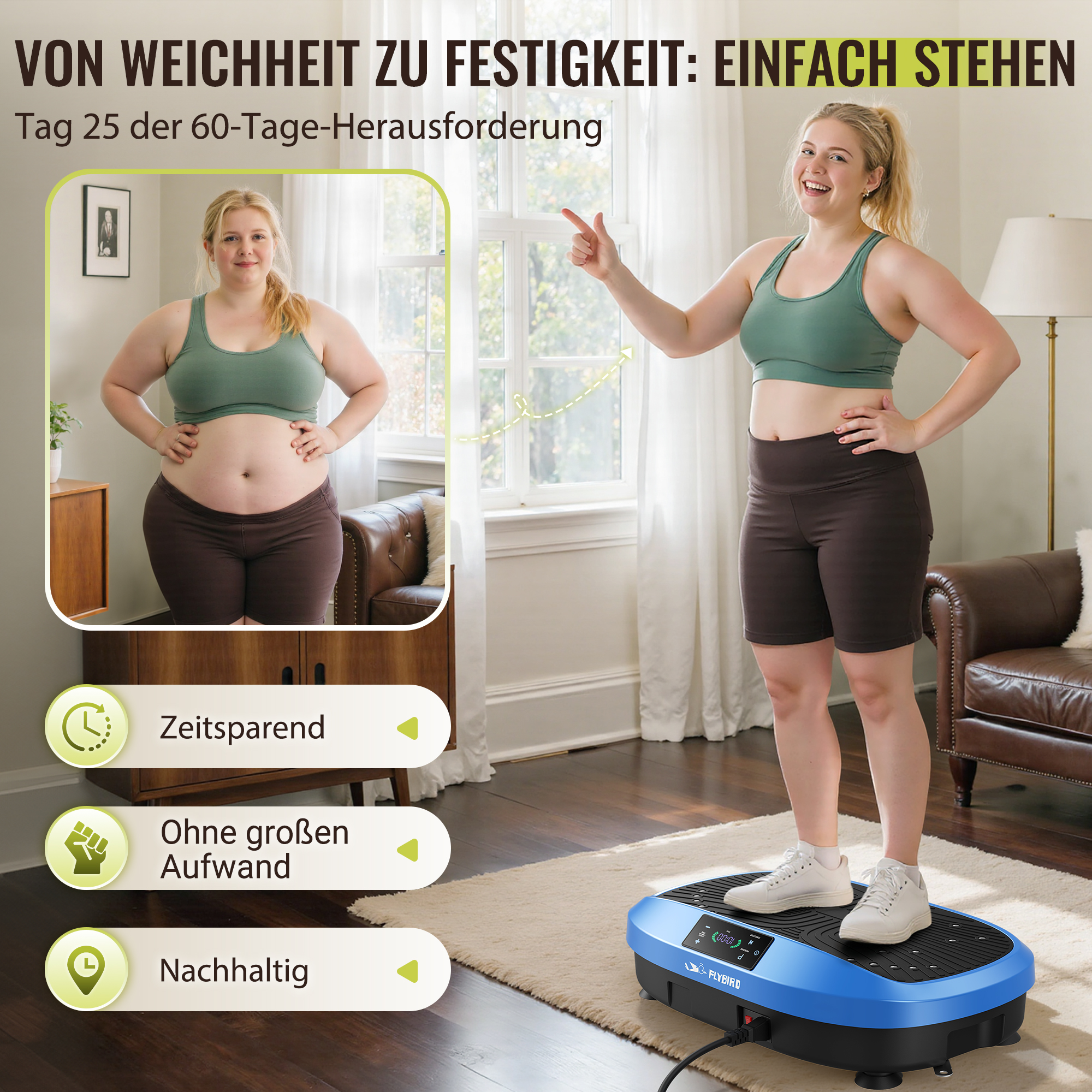 Frau auf Vibrationsplatte, Vorher-Nachher-Vergleich. Text auf Deutsch.