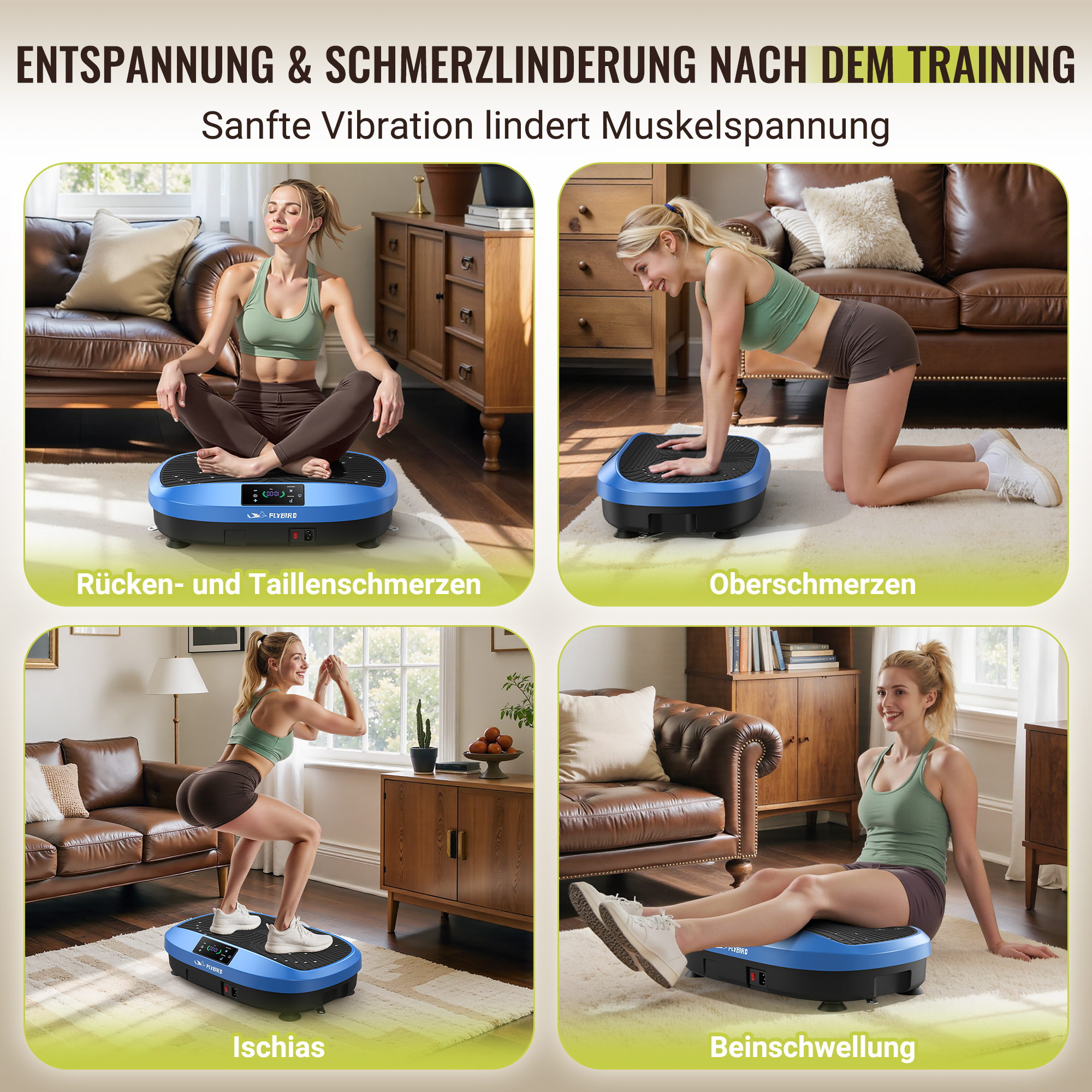 Vier Frauen nutzen Vibrationsplatten für Rücken-, Oberschenkel-, Ischias- und Beinschwellung.