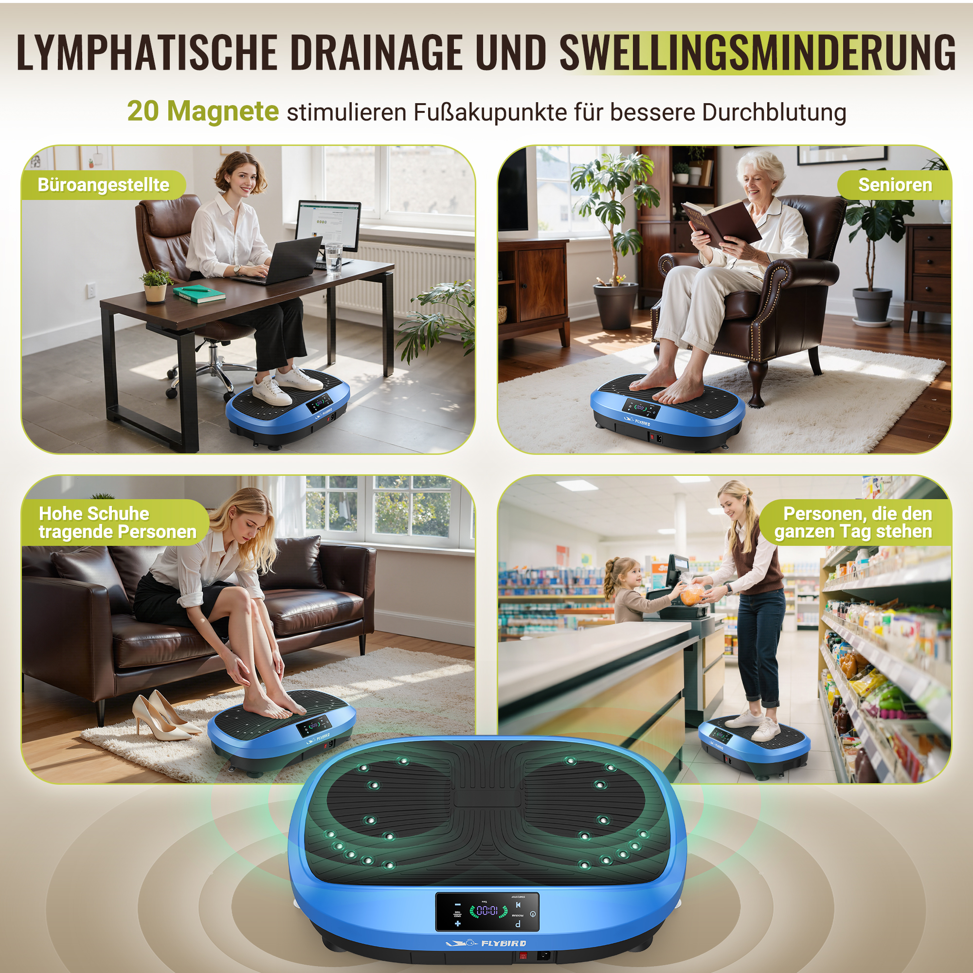 Vibrationsplatte in blau mit Lichtern, die für verschiedene Szenarien wirbt.