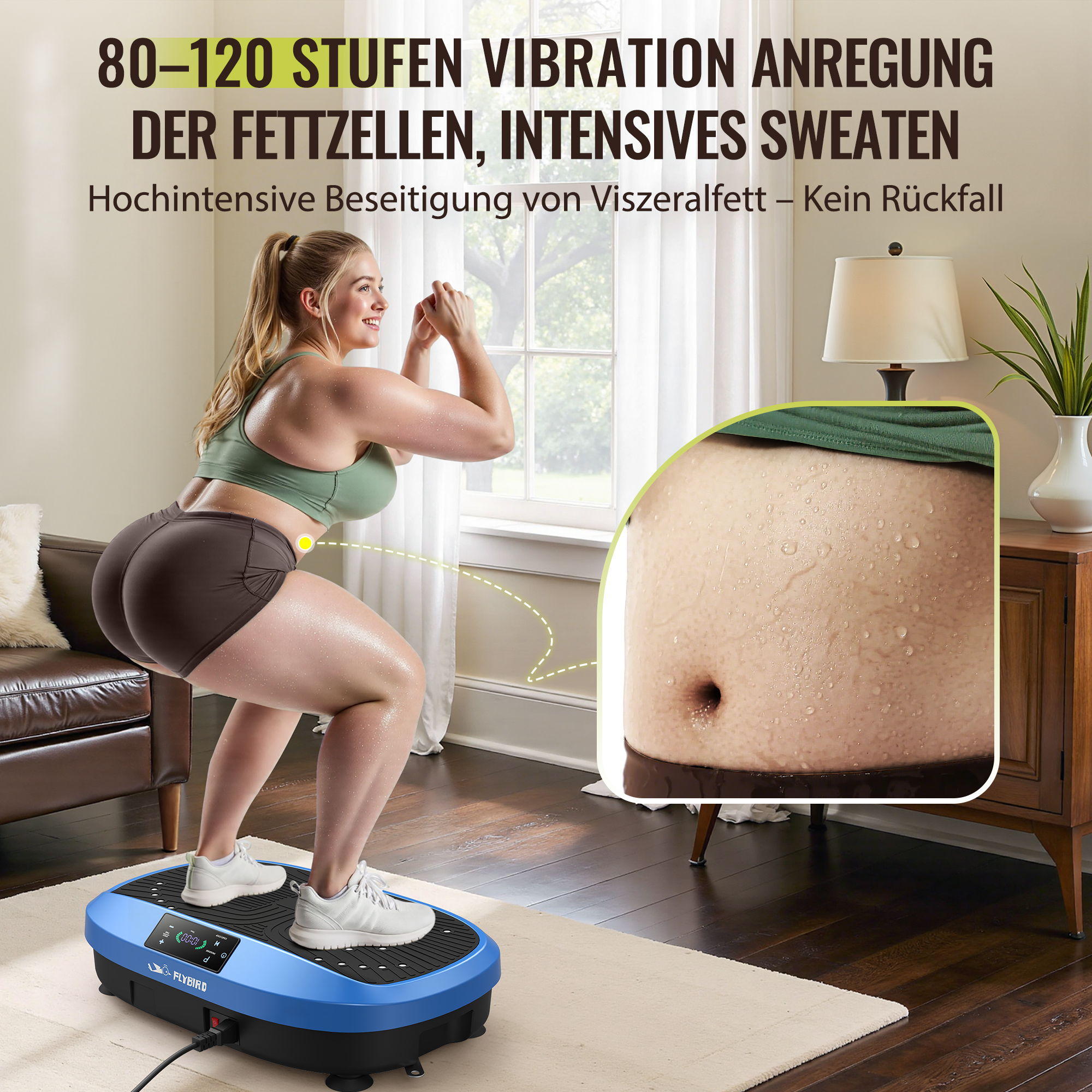 Frau hockt auf Vibrationsplatte. Nahaufnahme von verschwitztem Bauch. Text auf Deutsch.
