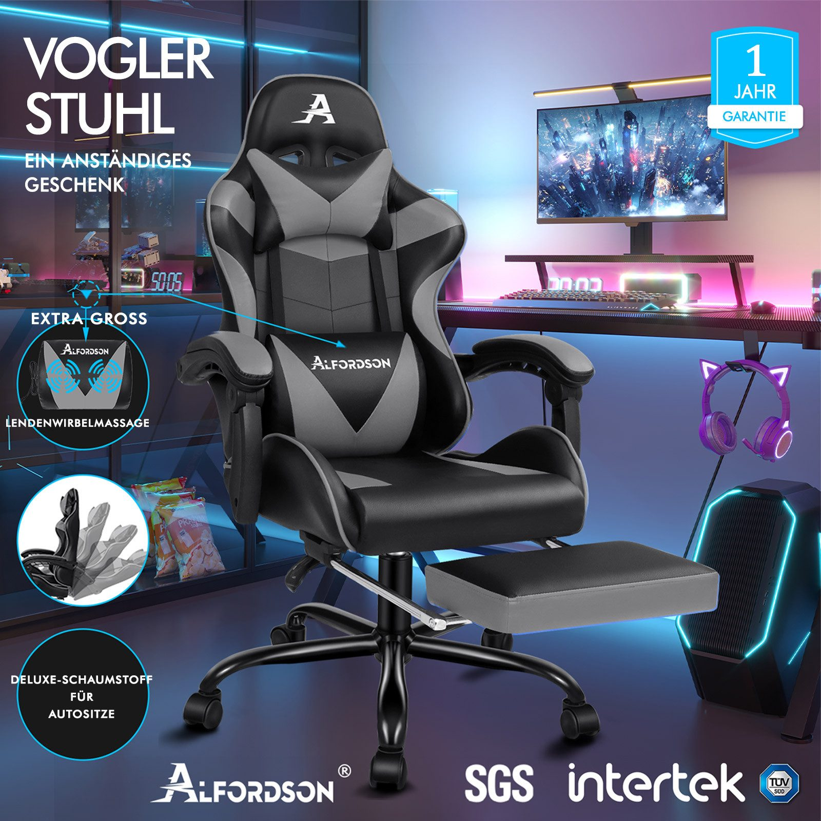 Schwarzer und grauer Gaming-Stuhl mit verstellbarer Rückenlehne, Fußstütze und Kissen.