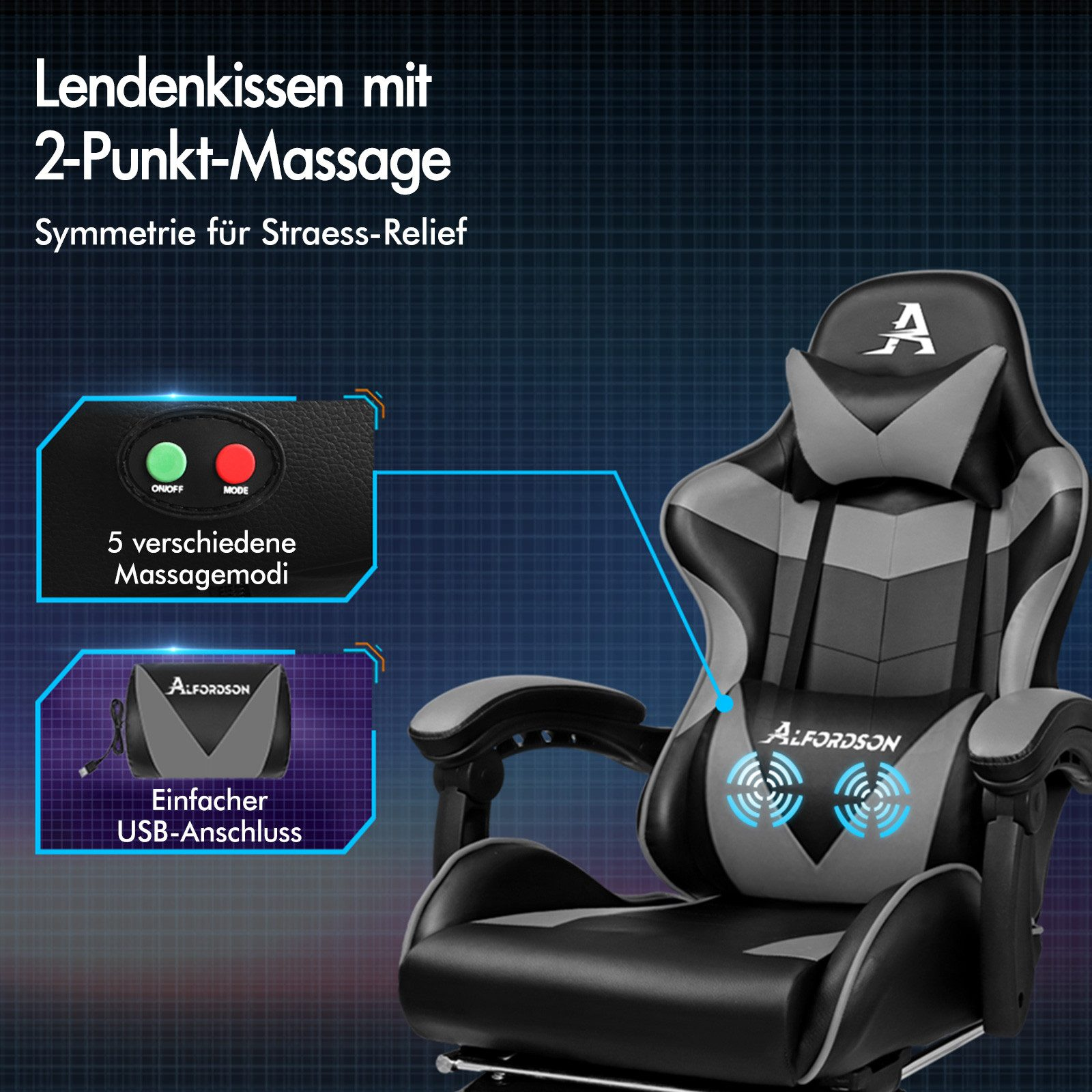 Ein schwarzer und grauer Gaming-Stuhl mit Massagefunktion und USB-Anschluss.