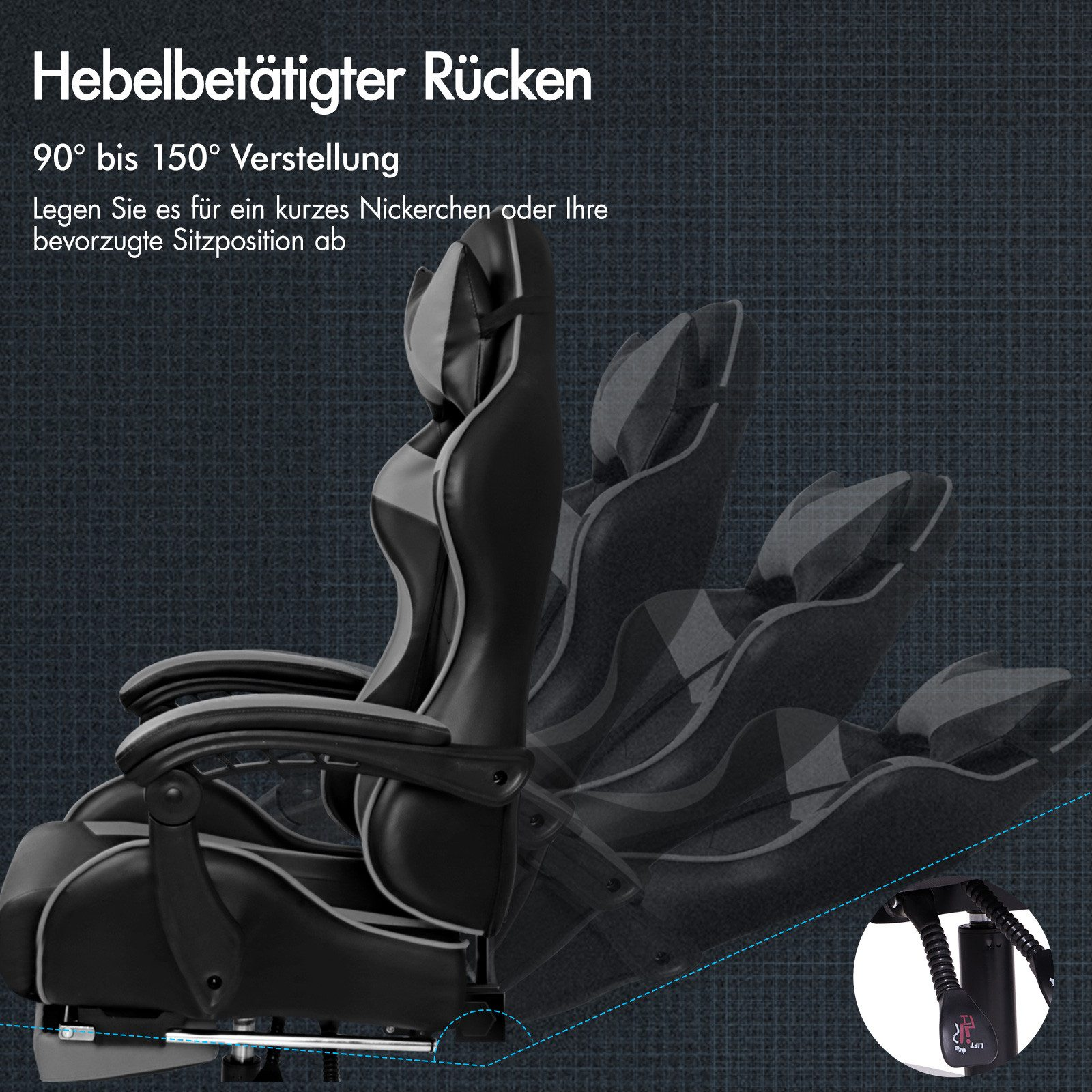 Schwarzer Gaming-Stuhl mit verstellbarer Rückenlehne, die von 90 bis 150 Grad neigbar ist.
