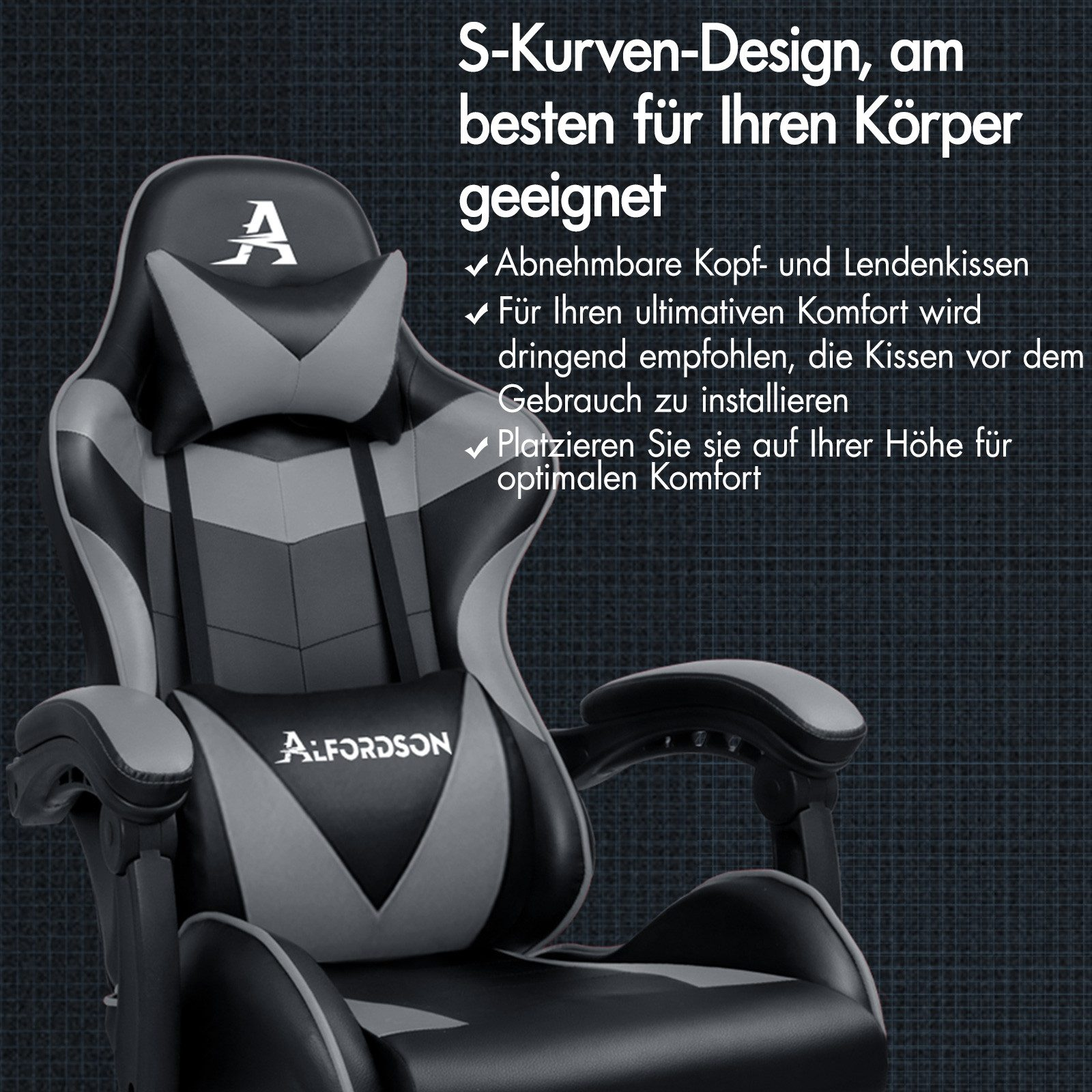 Ein schwarzer und grauer Gaming-Stuhl mit Kissen und dem Logo 'A'.
