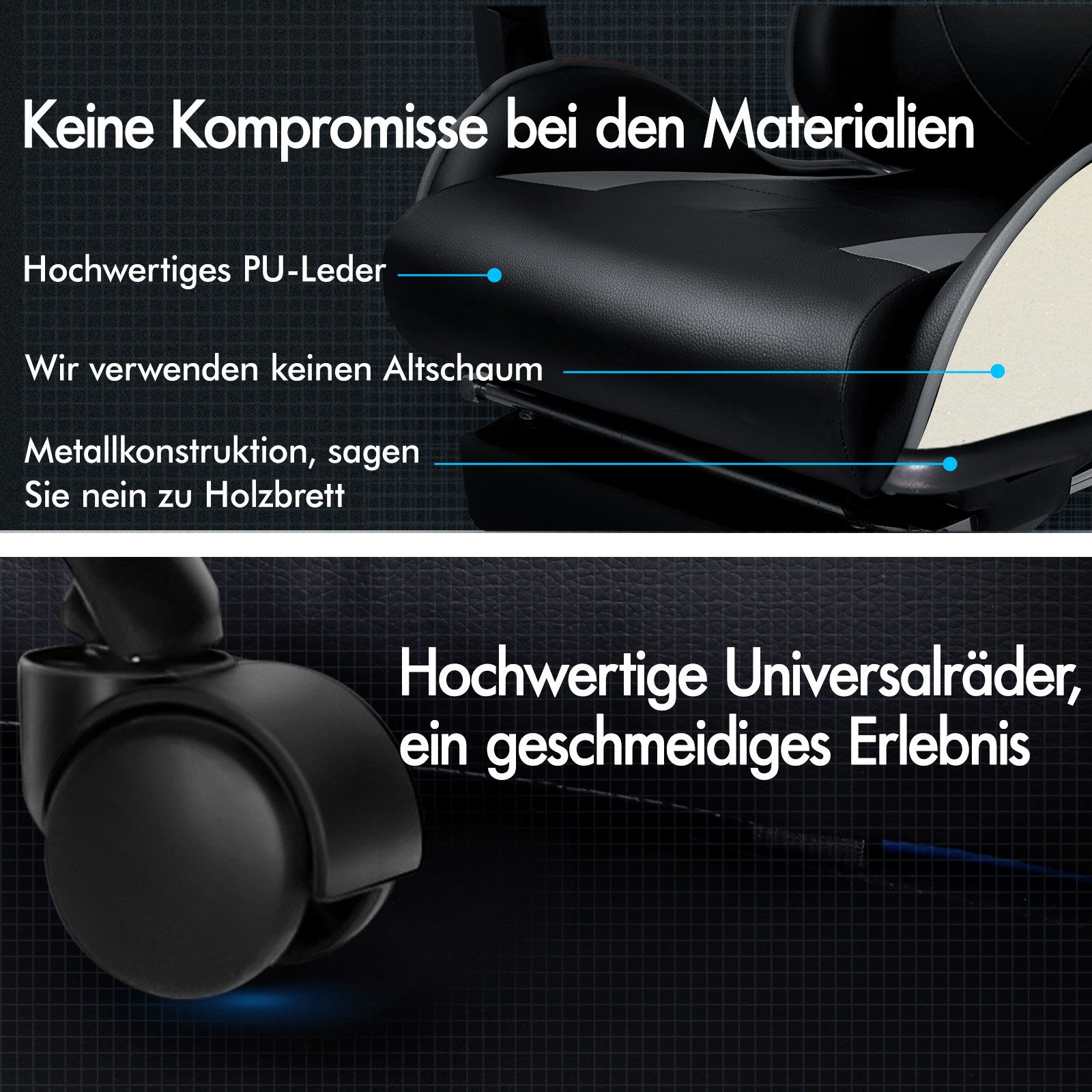Hochwertiges PU-Leder, Metallkonstruktion und Universalräder.