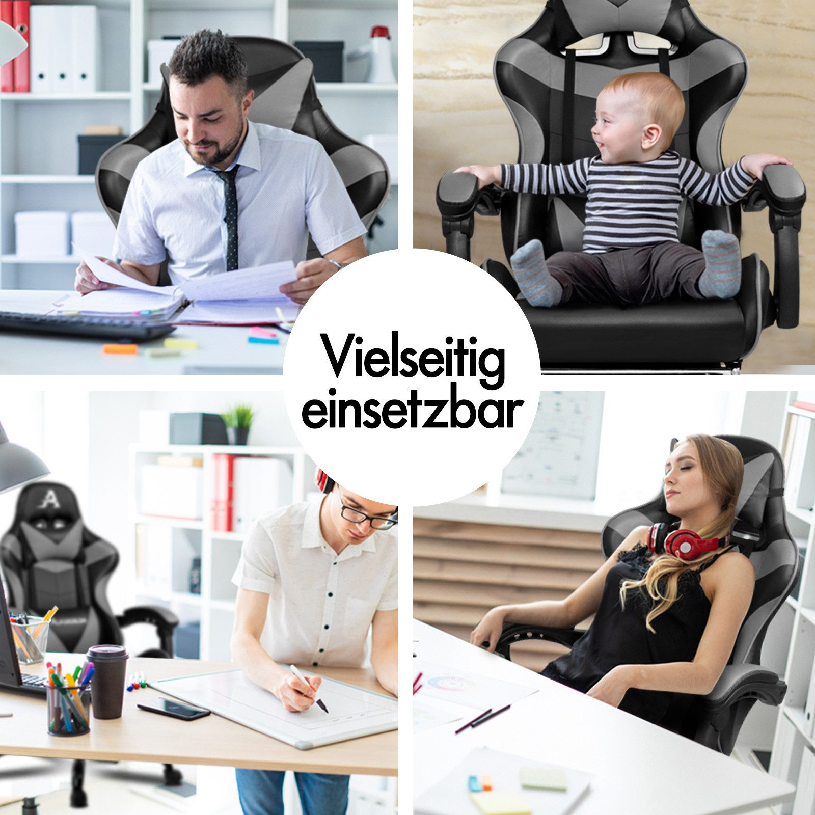 Collage von Personen in Gaming-Stühlen: Mann bei der Arbeit, Baby, Student, Frau ruht.