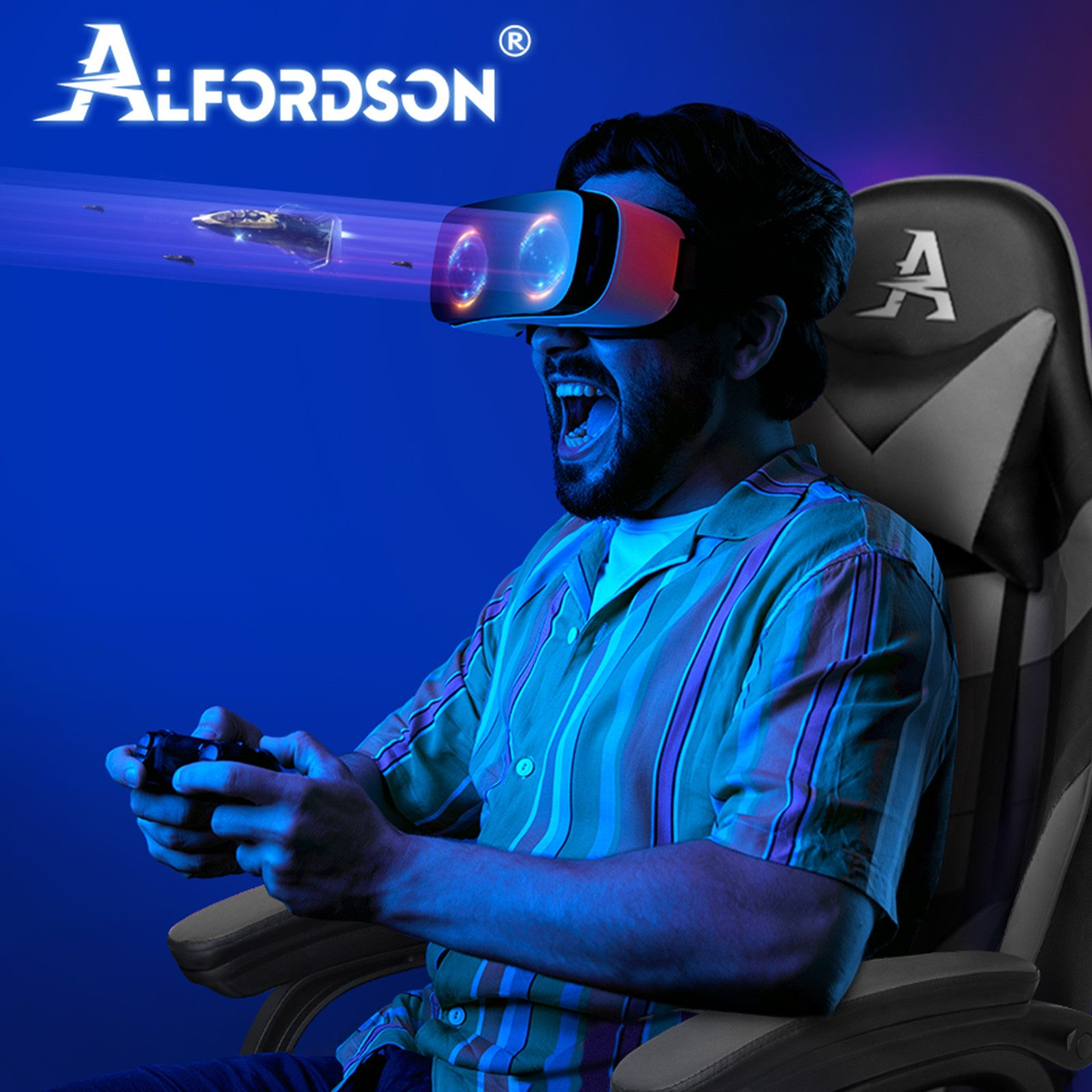 Mann in VR-Brille spielt Videospiel in Gaming-Stuhl.