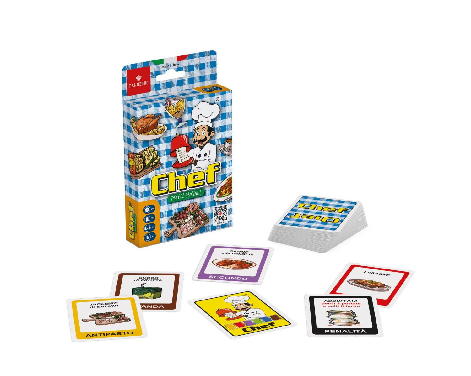 Scatola gioco da tavolo Chef con carte e gettoni su sfondo bianco.