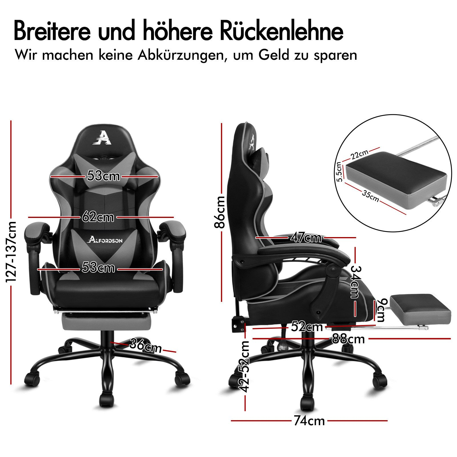 Diagramm eines schwarzen und grauen Gaming-Stuhls mit Bemaßungen in cm.