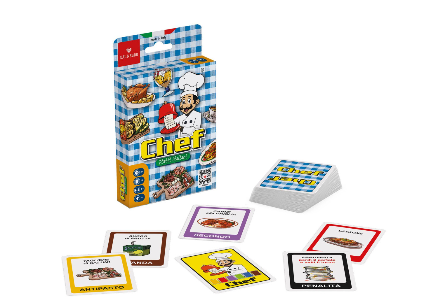 Gioco da tavolo Chef con carte che mostrano piatti italiani e un personaggio chef sulla scatola.