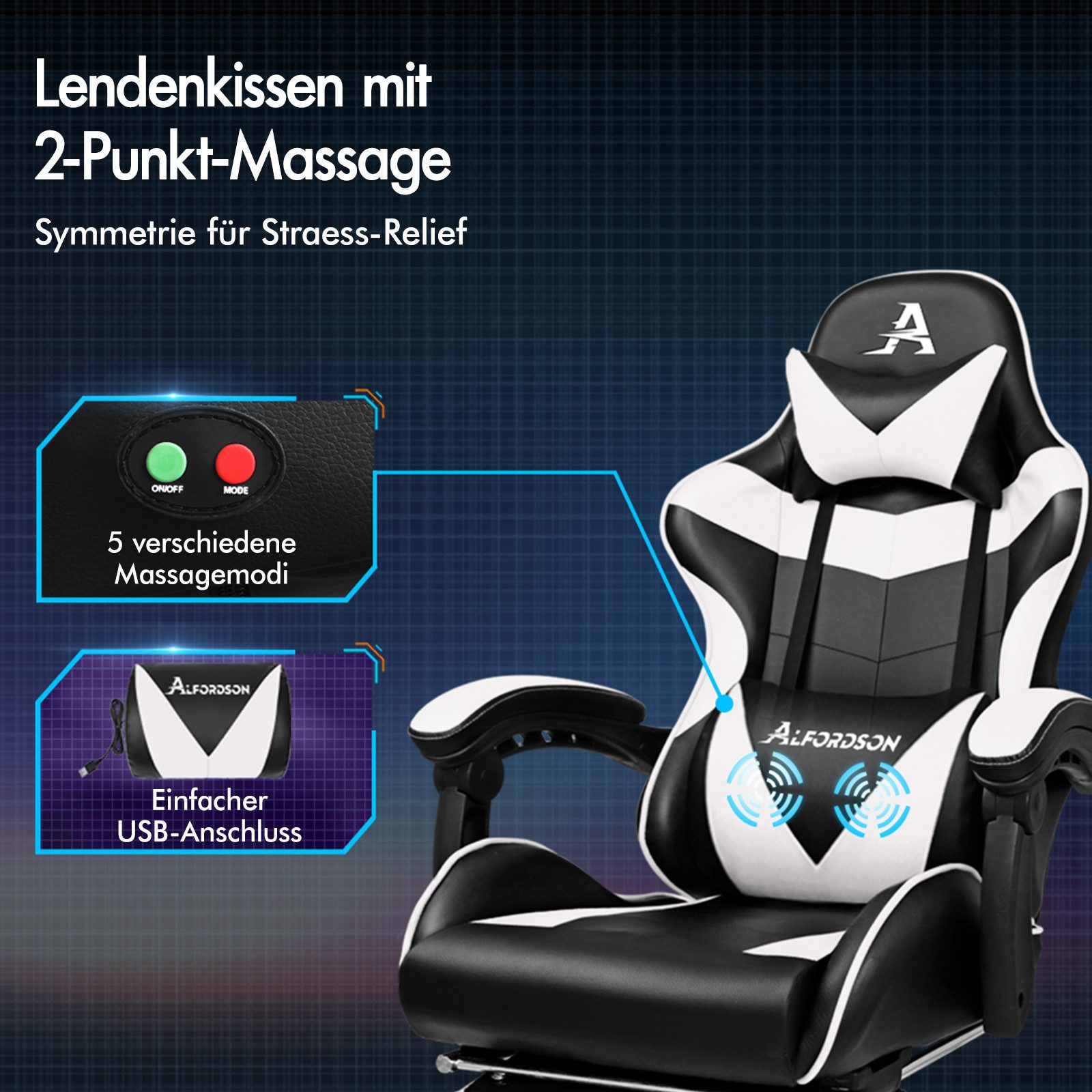 Schwarzer und weißer Gaming-Stuhl mit Massagekissen, USB-Anschluss und Bedienelementen.