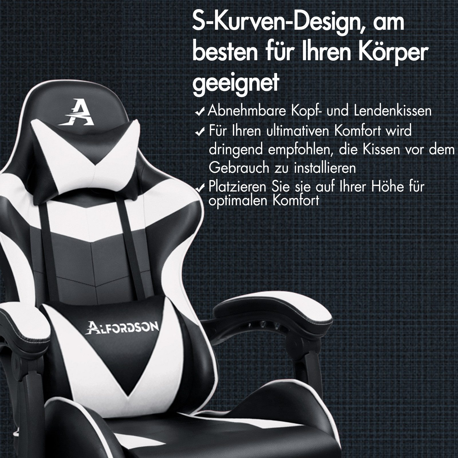 Ein schwarzer und weißer Gaming-Stuhl mit S-Kurven-Design, verstellbaren Kissen und Logo.