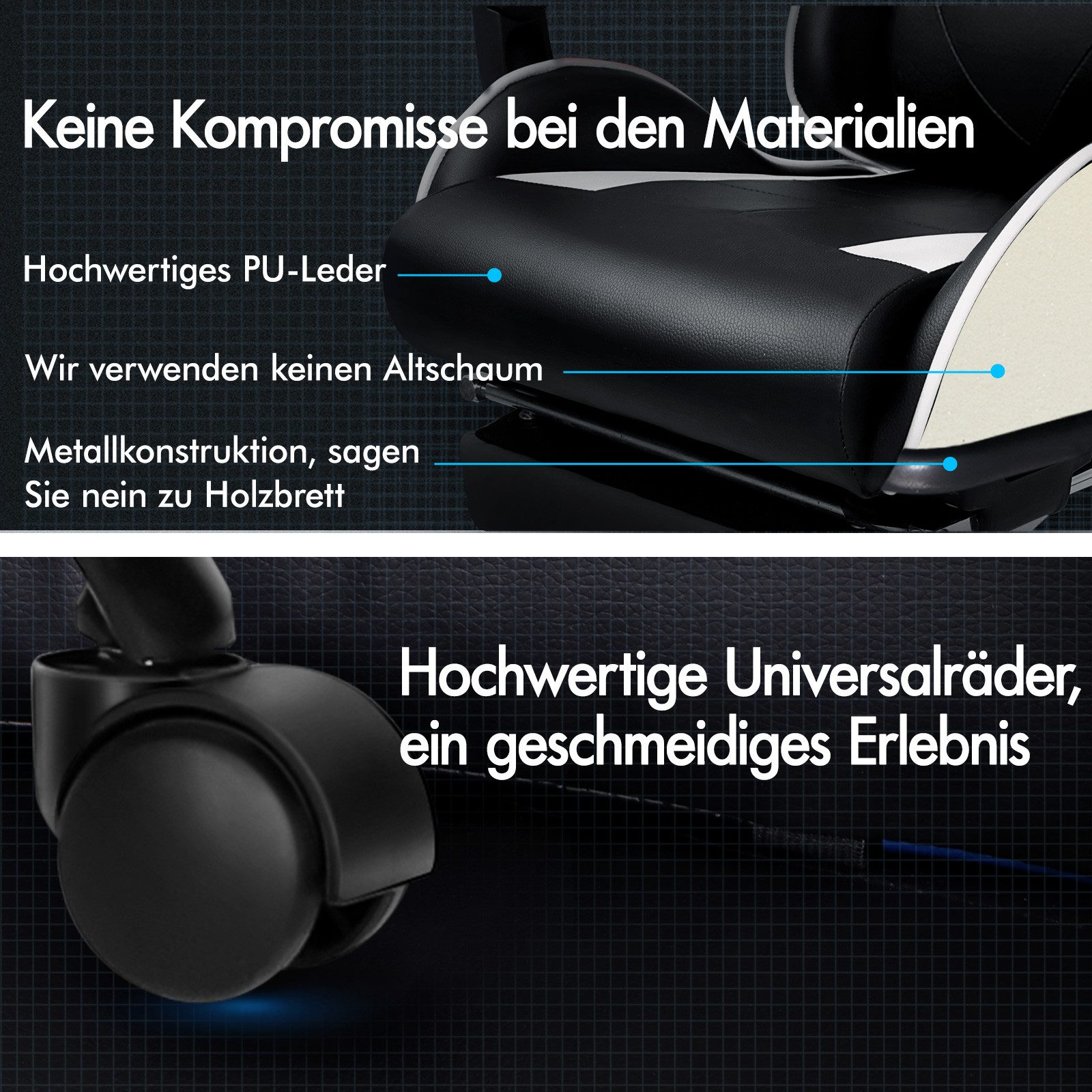 Nahaufnahme eines schwarzen PU-Ledersessels, der Materialien und Räder zeigt.