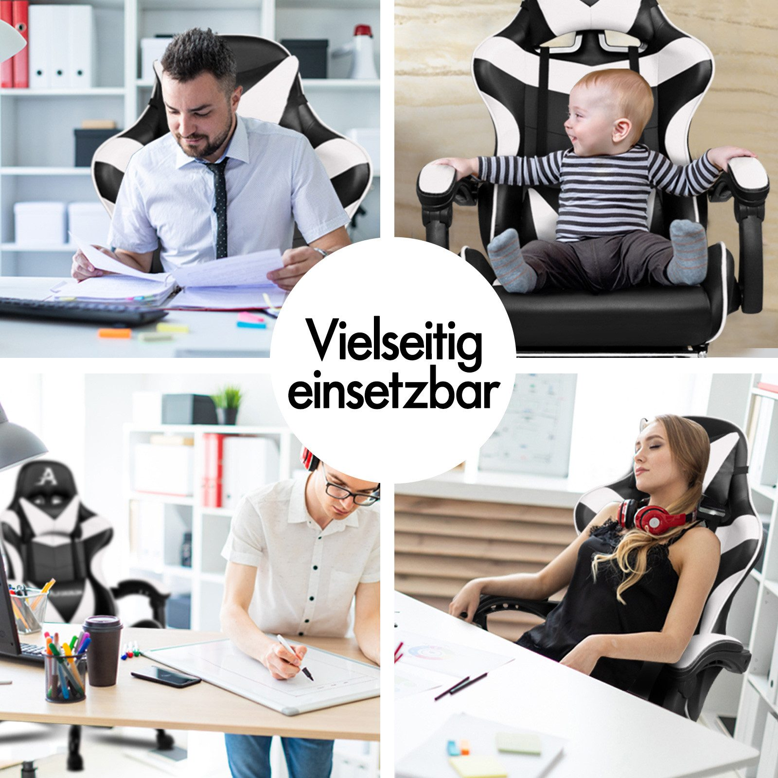 Collage von Personen in Gaming-Stühlen: Mann bei der Arbeit, Baby sitzt, Student schreibt, Frau ruht.