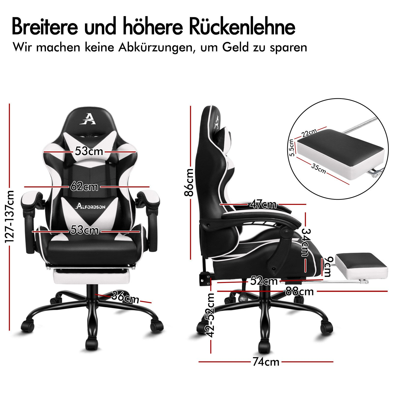 Schwarz-weißer Gaming-Stuhl mit angezeigten Maßen. Verfügt über eine breitere, höhere Rückenlehne.