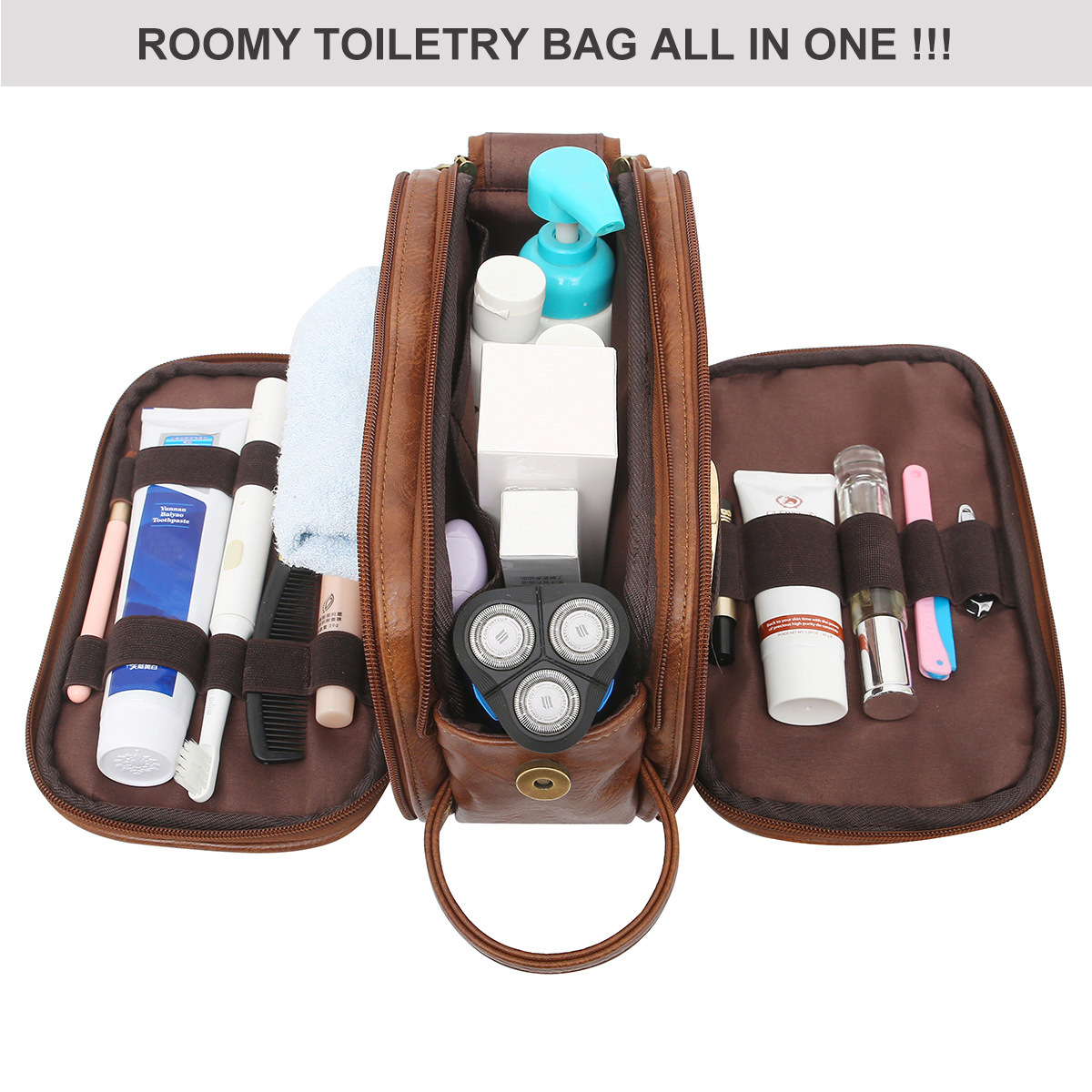 Braune Ledertoilettenartikel-Tasche geöffnet, gefüllt mit Toilettenartikeln wie Zahnpasta, Zahnbürste, Elektrorasierer und Cremes.