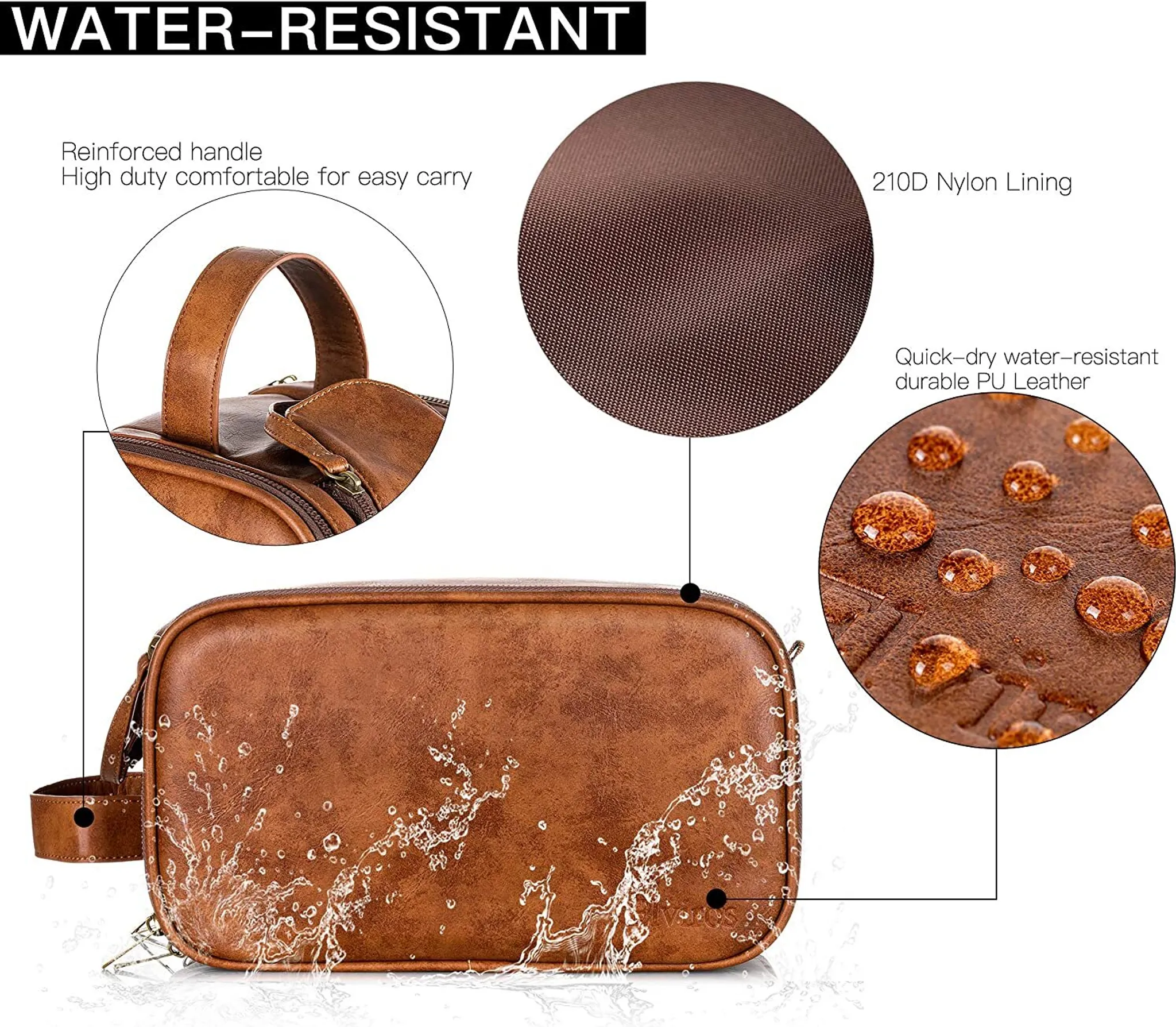 Braune PU-Ledertasche mit Wasserspritzern. Verfügt über einen verstärkten Griff und wasserabweisendes Material.