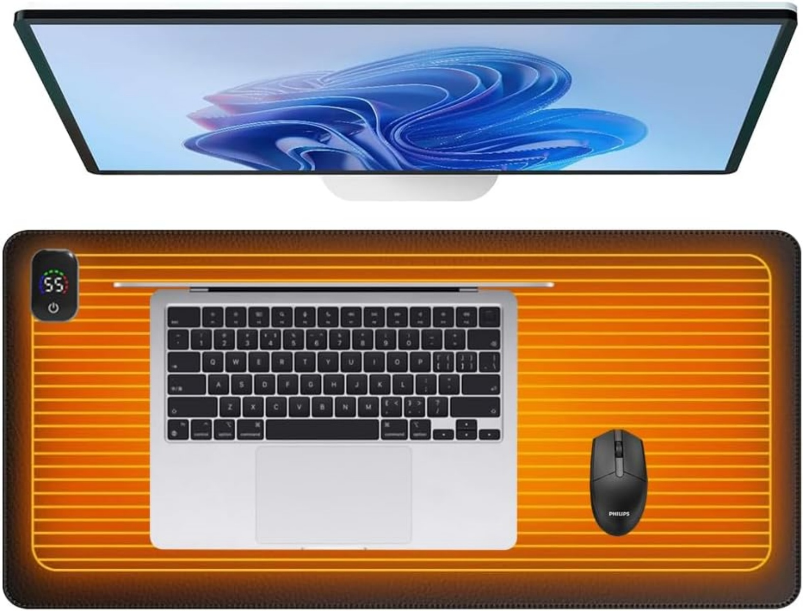 Ein Laptop, eine Maus und ein Monitor liegen auf einer beheizten Schreibtischunterlage mit digitaler Anzeige (55).