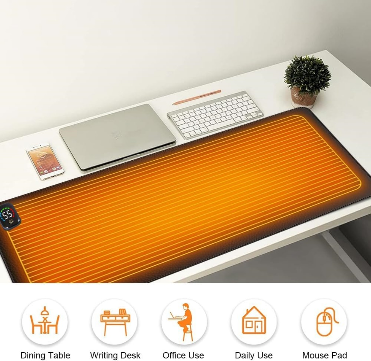 Beheizte Schreibtischunterlage mit Laptop, Tastatur, Telefon und Pflanze. Enthält Symbole für die Nutzung.