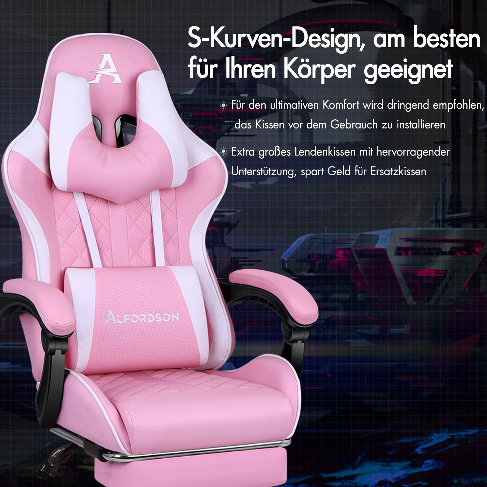 Ein pinker Gaming-Stuhl mit weißen Akzenten und Lendenkissen. Verfügt über S-Kurven-Design.