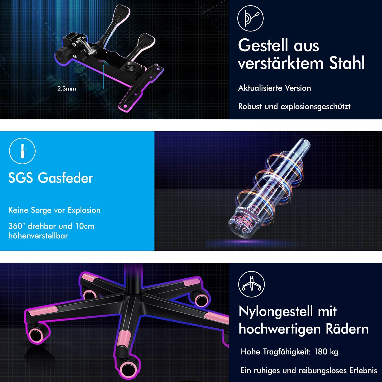 Stuhlkomponenten: Stahlgestell, SGS Gasfeder, Nylongestell mit Rädern.