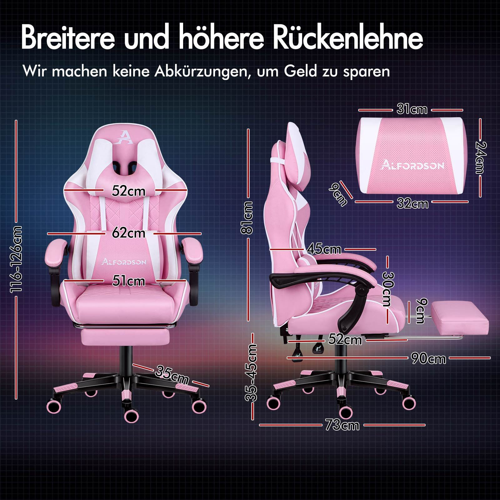 Pinker Gaming-Stuhl mit Maßen und Kopfkissen.