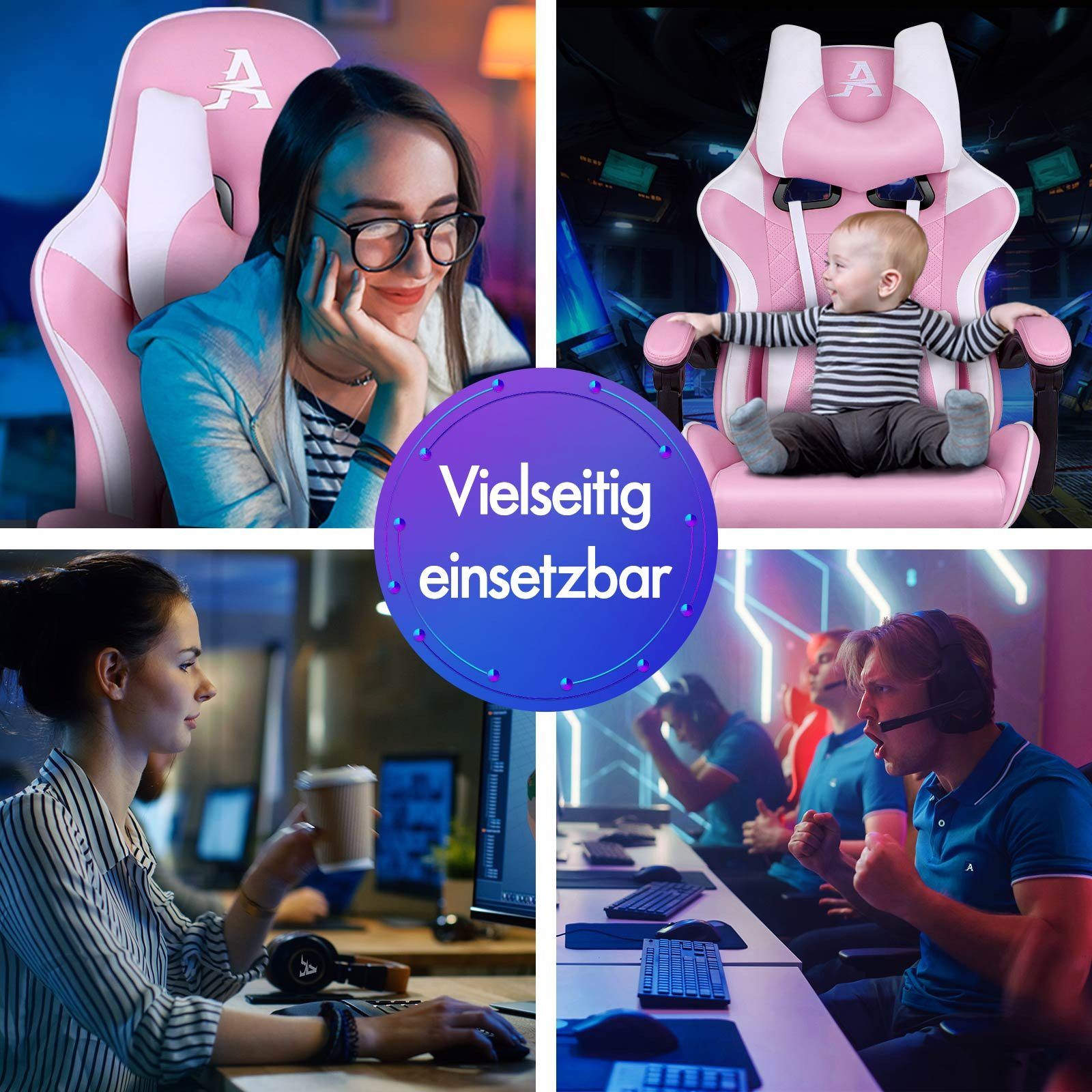 Vier Szenen zeigen einen Baby, eine Frau, die am Computer arbeitet, und Gamer.
