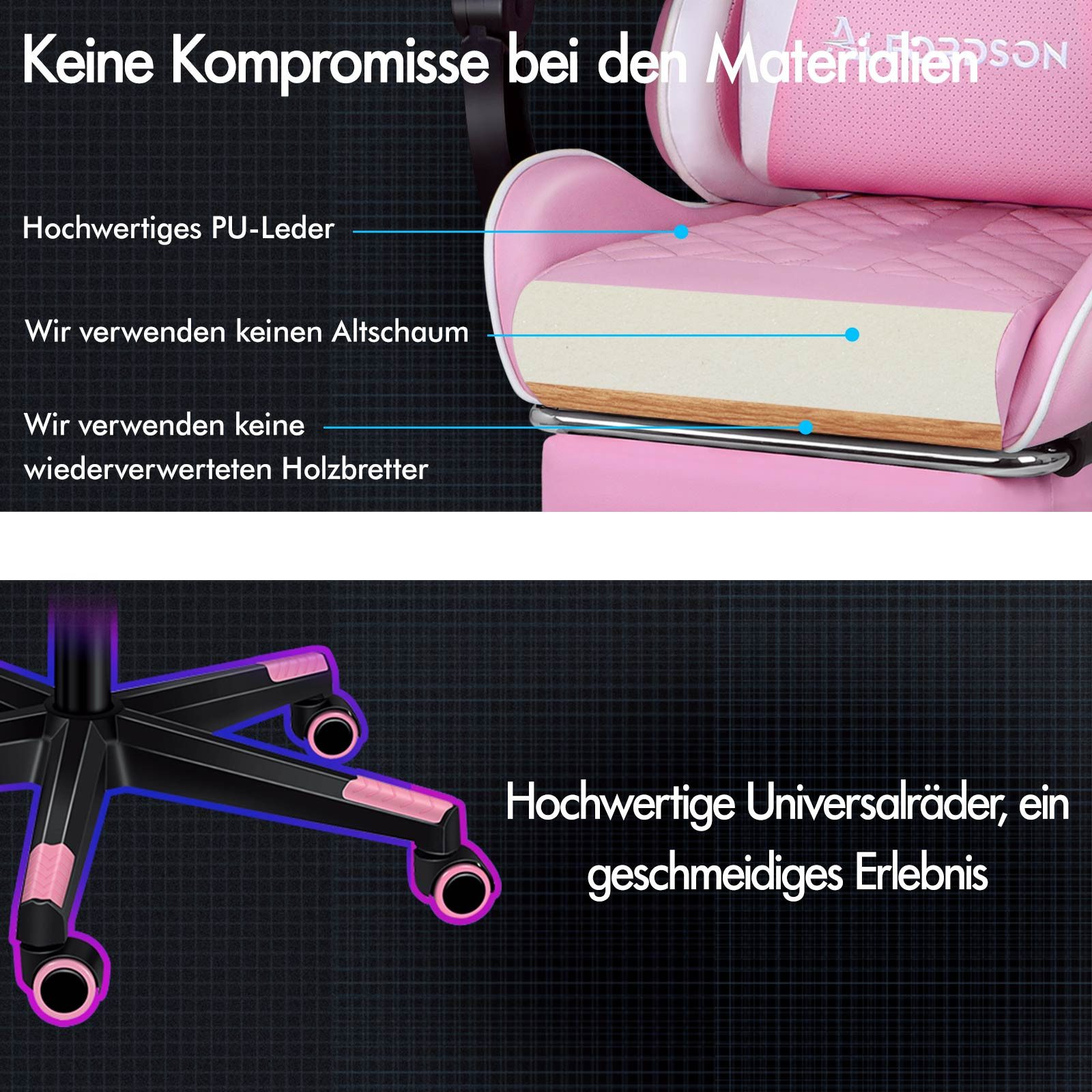 Pink Gamingstuhl im Schnitt. PU-Leder, Schaumstoff, Holz. Rollen unten.