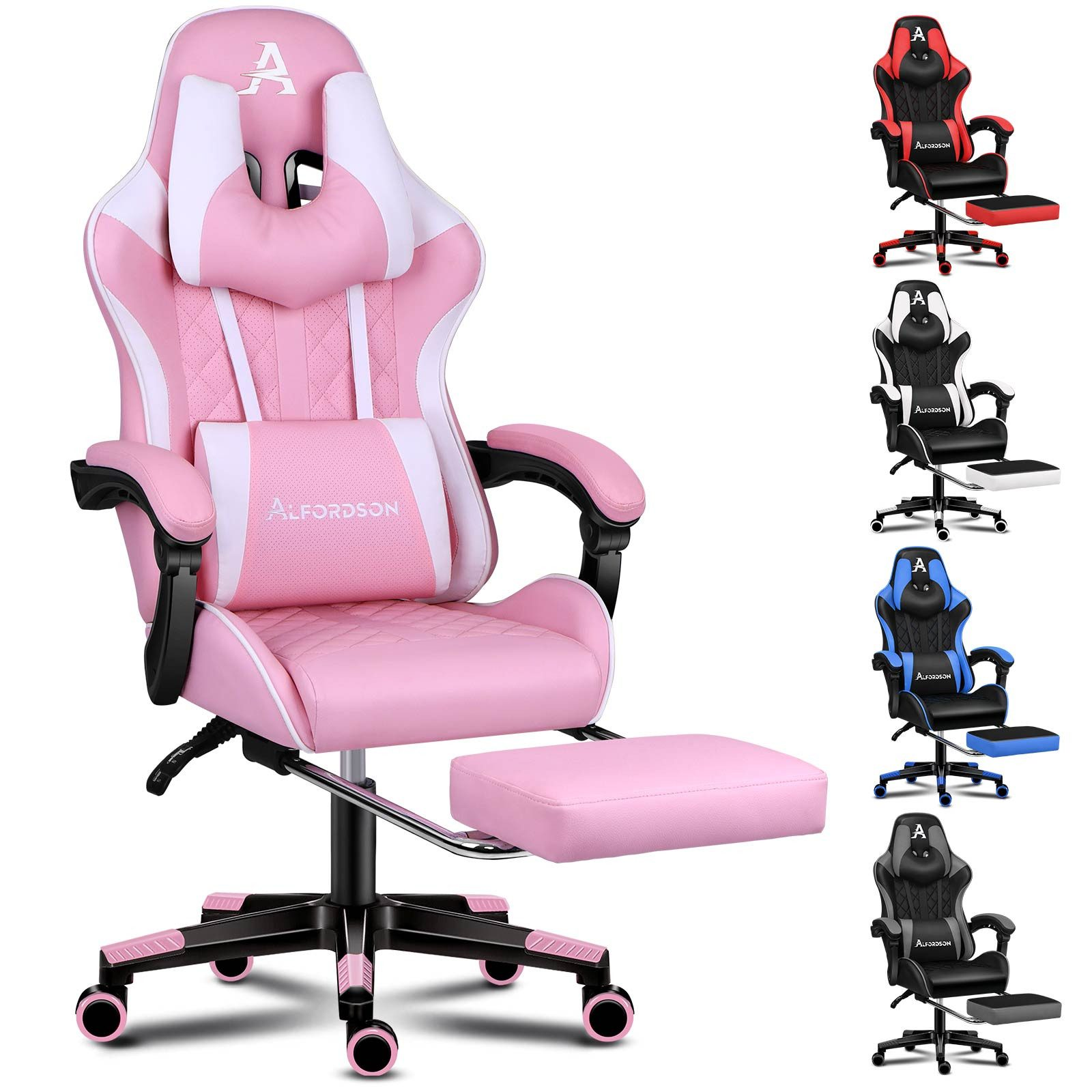 Ein pinker Gaming-Stuhl mit Kopfstütze und Fußstütze. Andere Stühle in Rot, Schwarz/Weiß, Blau und Grau.