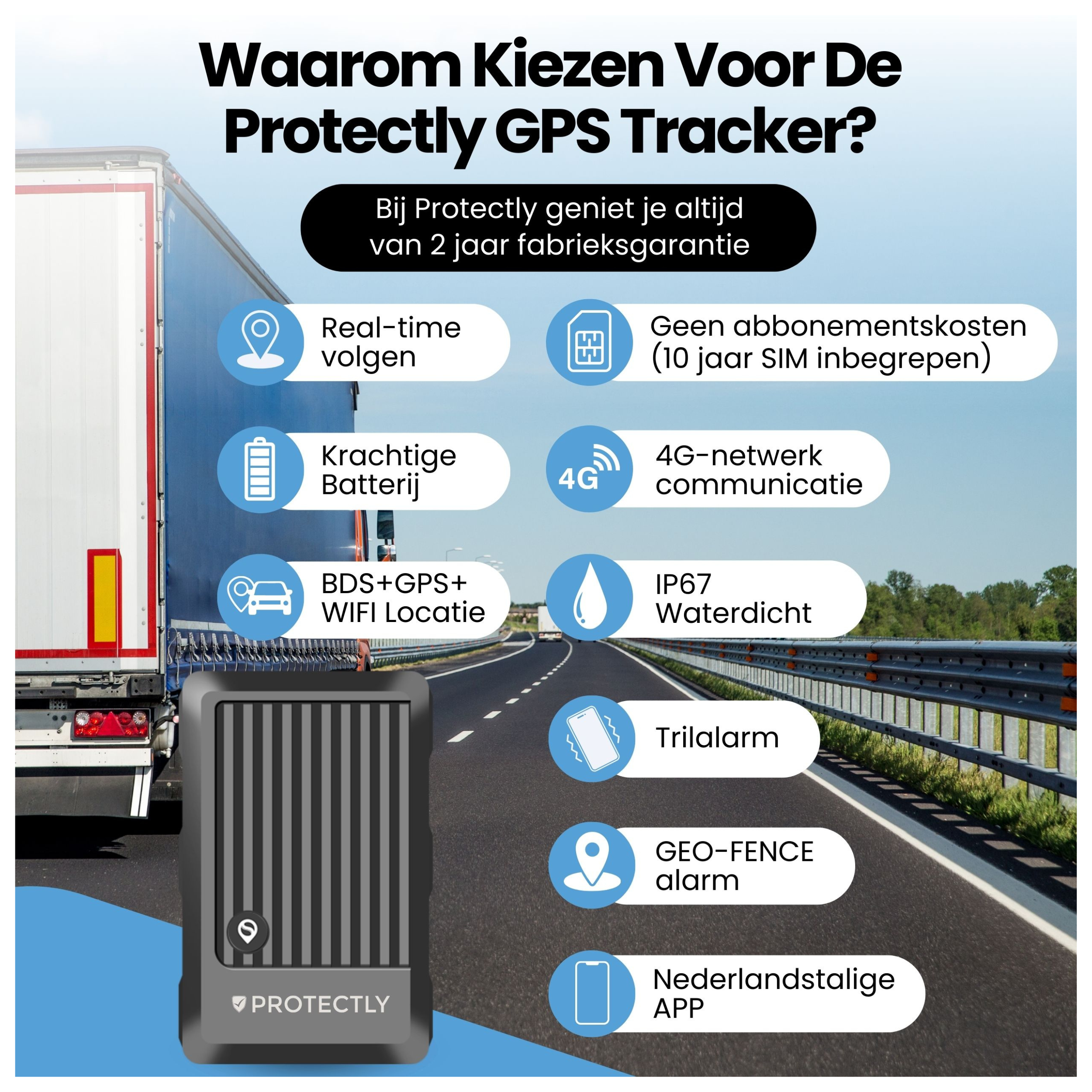 Een GPS-tracker naast een vrachtwagen op een weg, met realtime volgen en waterdicht ontwerp.