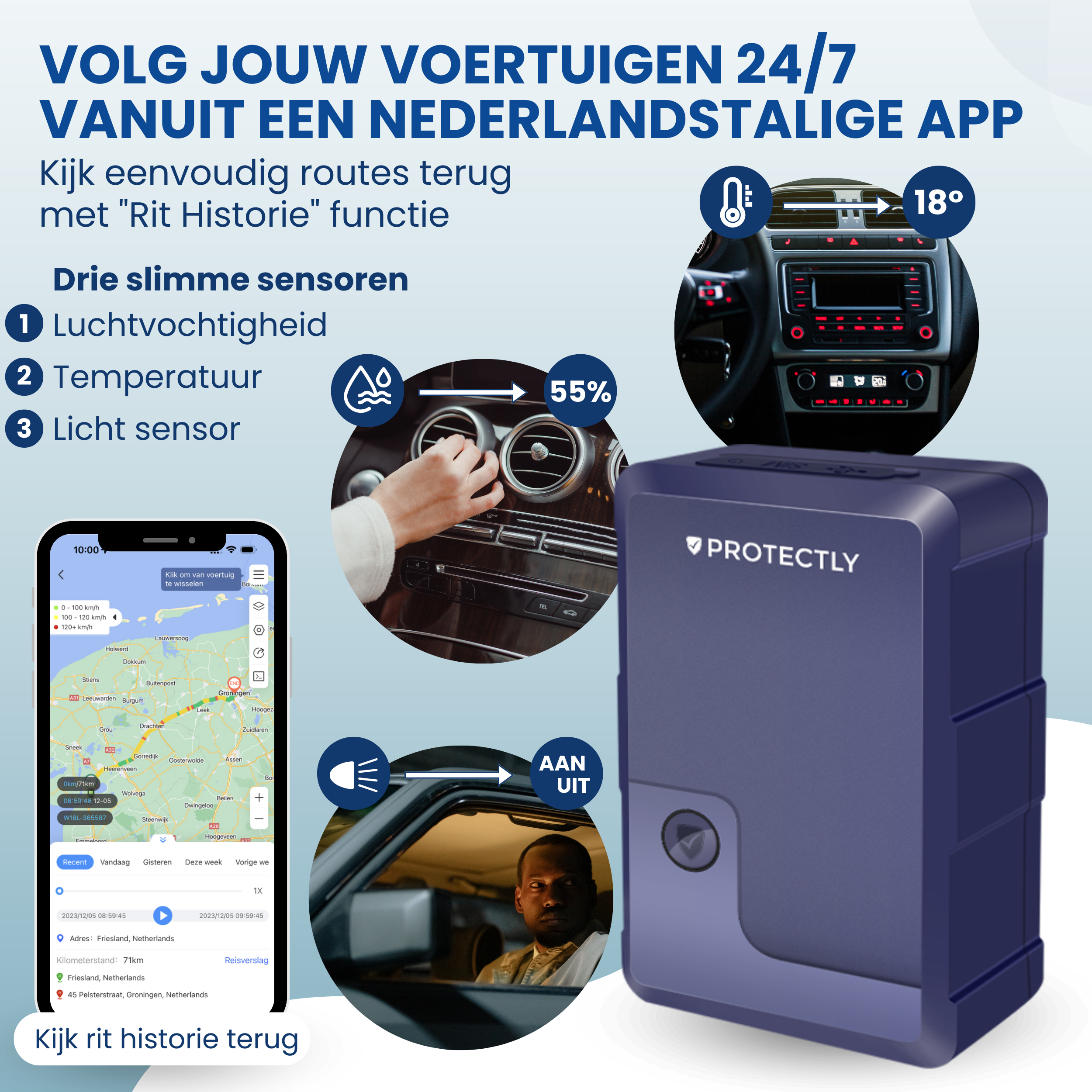 App displays vehicle data like route, temperature, and humidity.