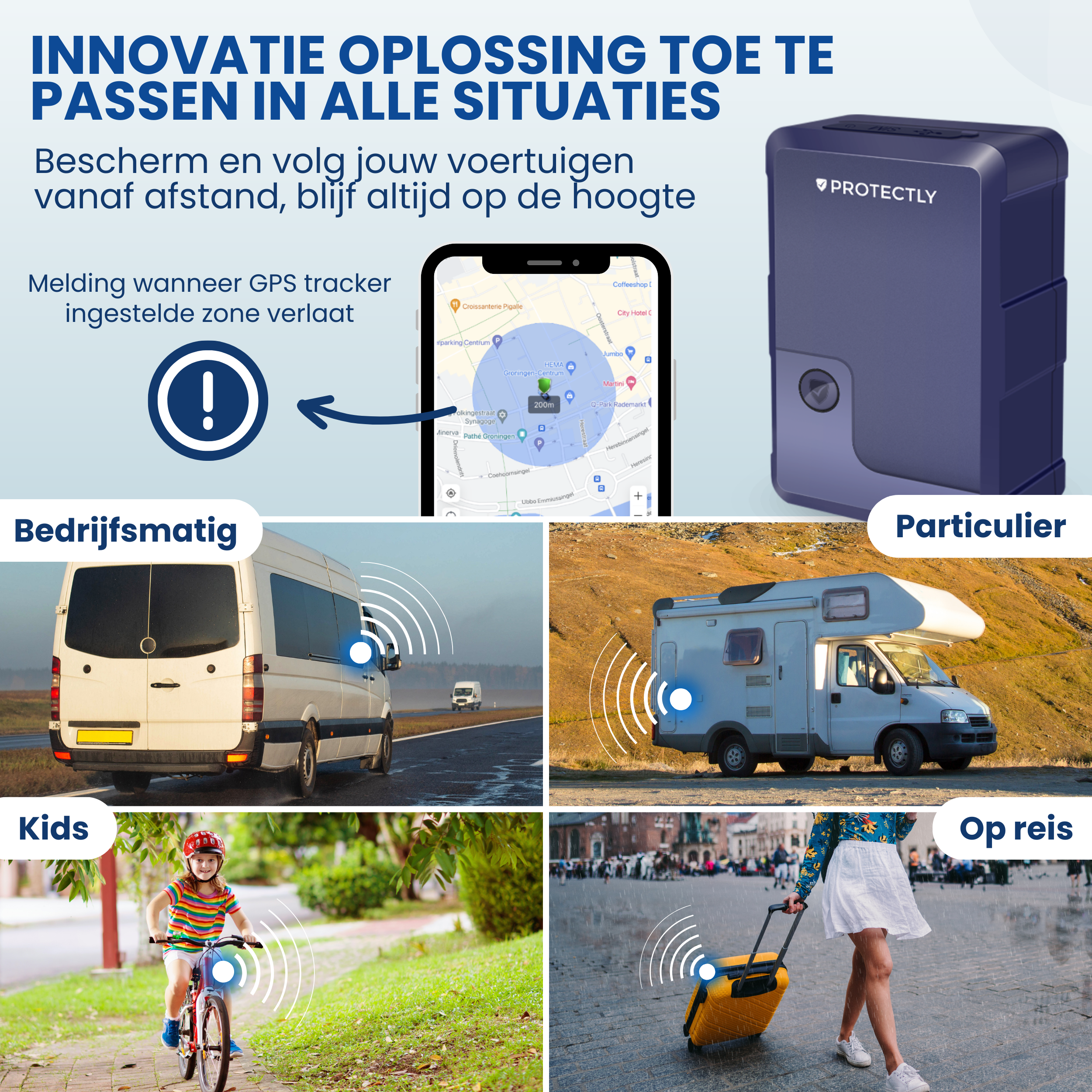 Collage of GPS tracker use cases: device, map, van, RV, child cycling, suitcase.