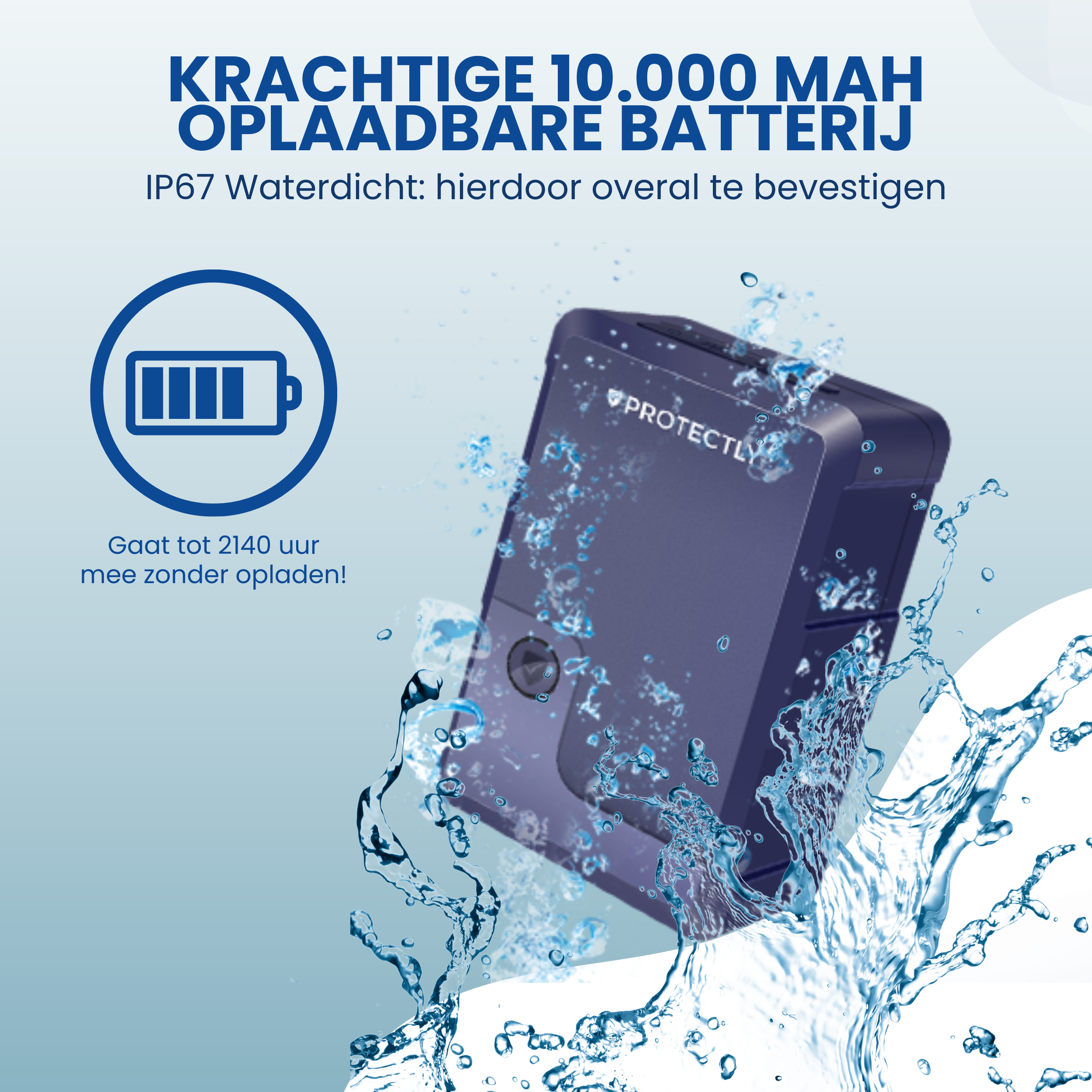 Dark blue 10,000 mAh waterproof power bank with charge indicator and water splashes.