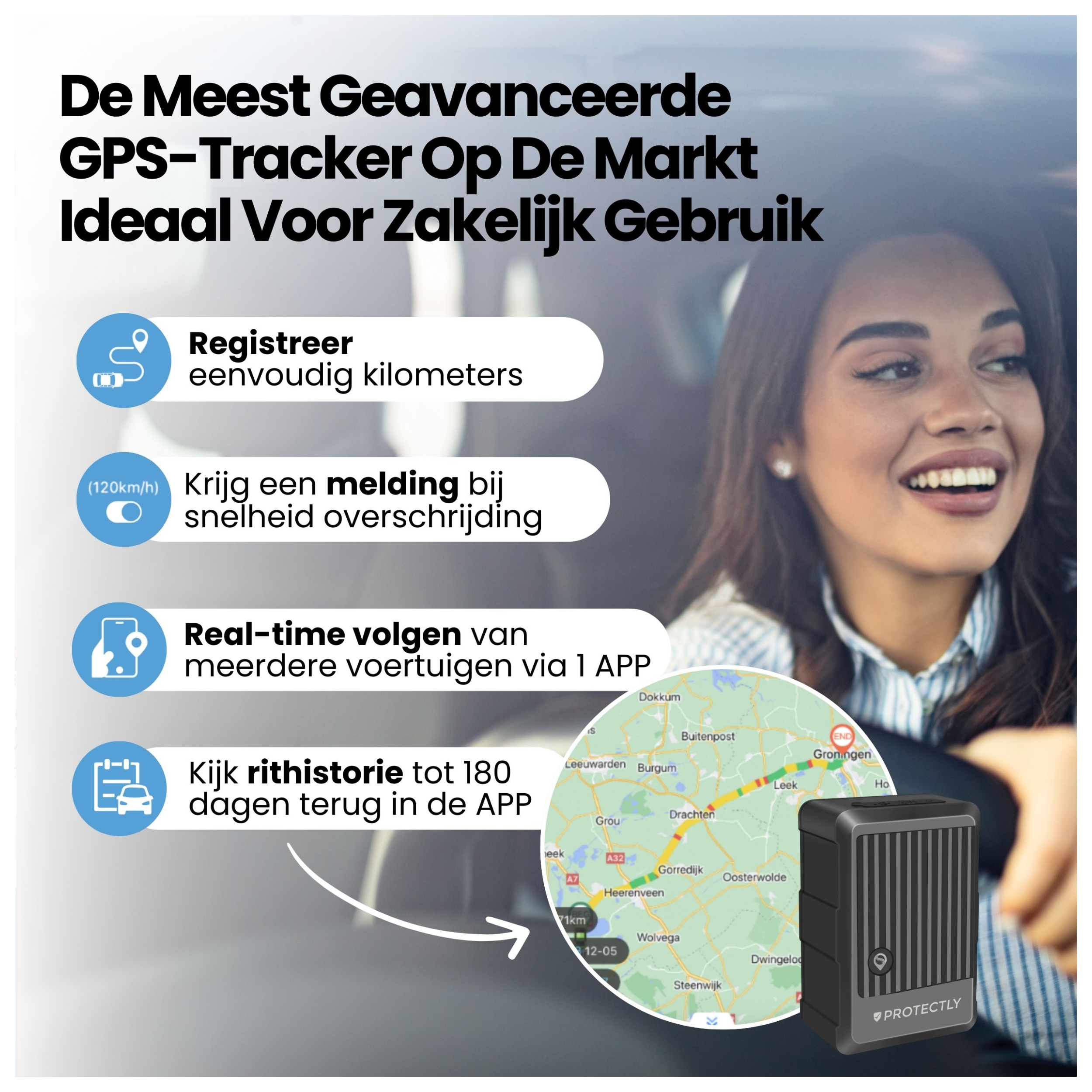 Vrouw lacht in auto. Kenmerken: km registreren, snelheidsmeldingen, real-time volgen, ritgeschiedenis.