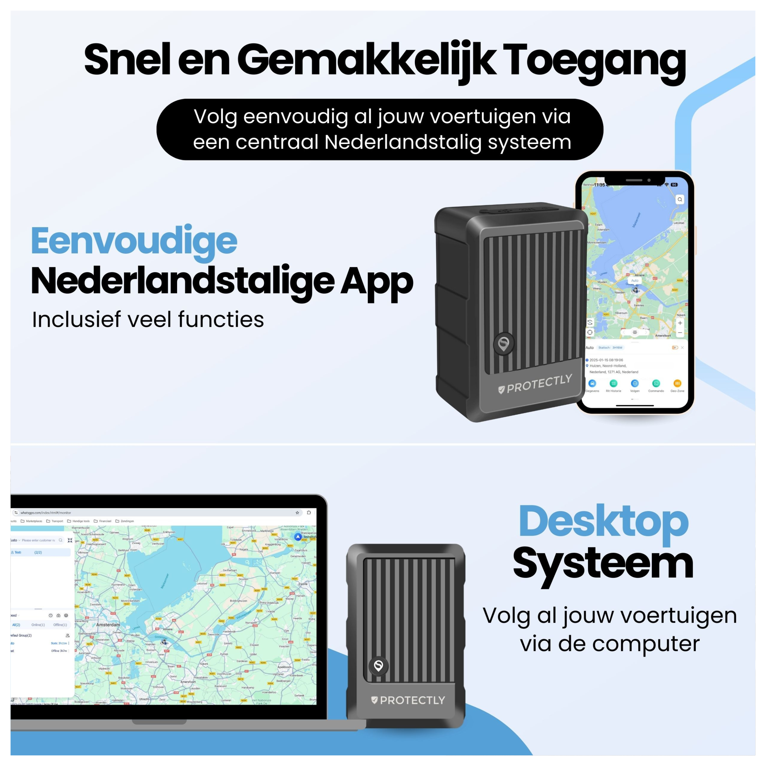 Een grijs GPS-apparaat naast een smartphone met kaart en een laptop met kaart.