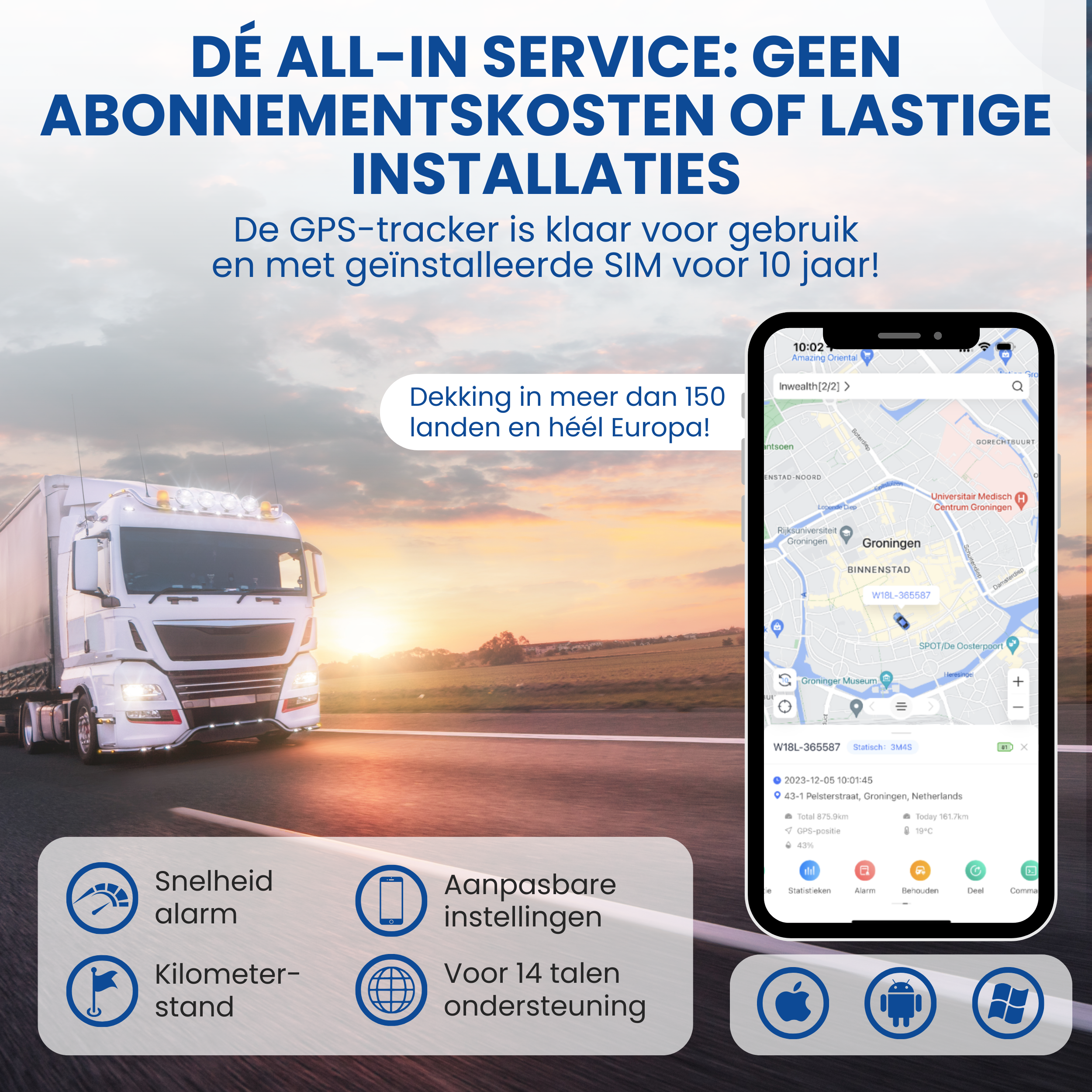 A white truck drives on a road at sunset, next to it a smartphone showing a map.
