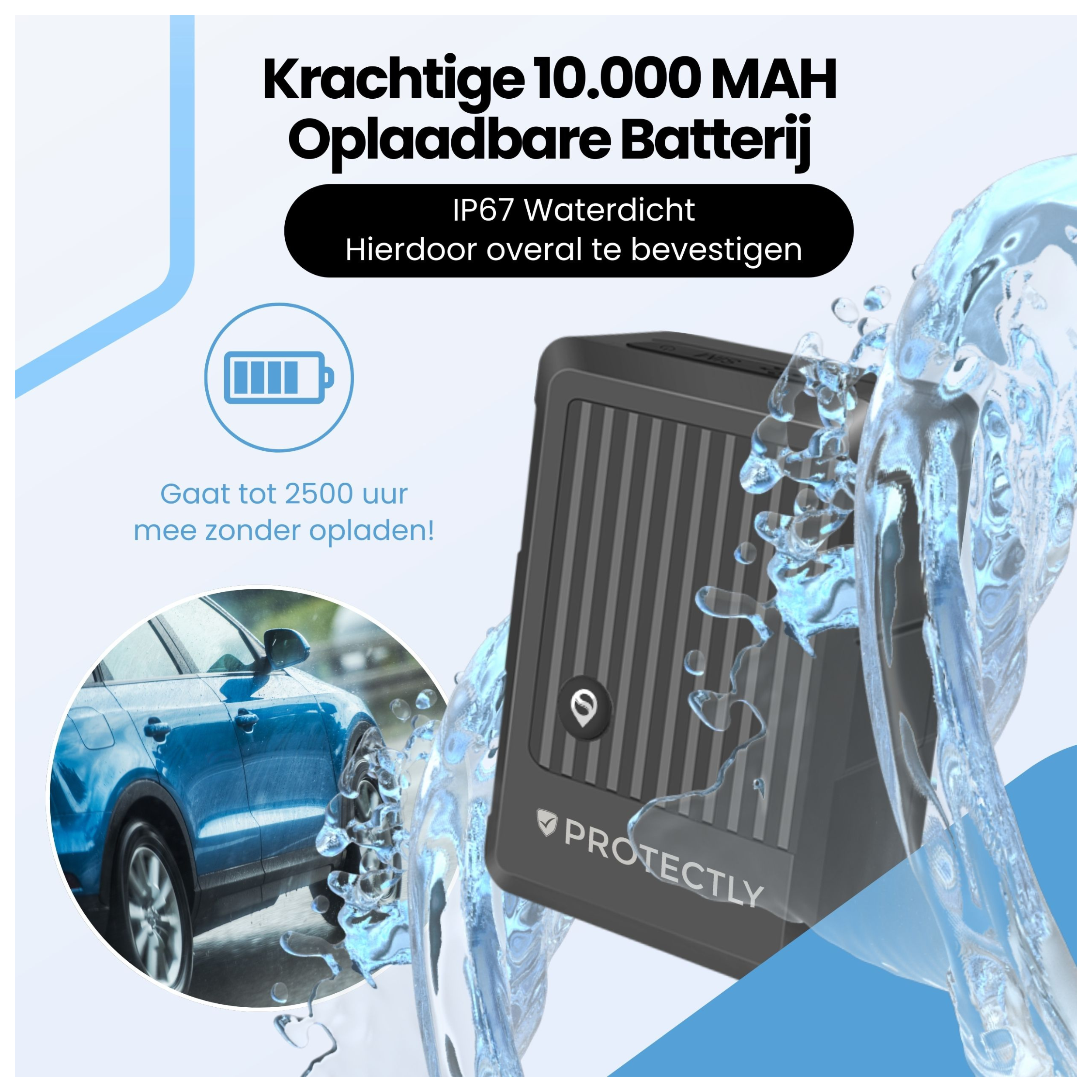 Krachtige 10.000 mAh oplaadbare batterij, IP67 waterdicht, met blauwe auto en water.